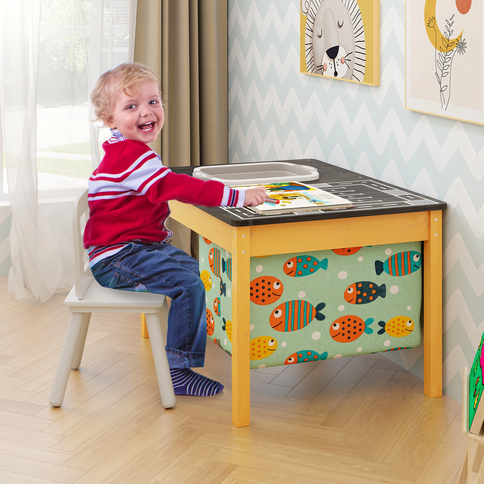 SUGIFT 3-in-1 Kids Sand and Water Table with Removable Racing Top, Drain Basin, Storage Bin, Natural and Black