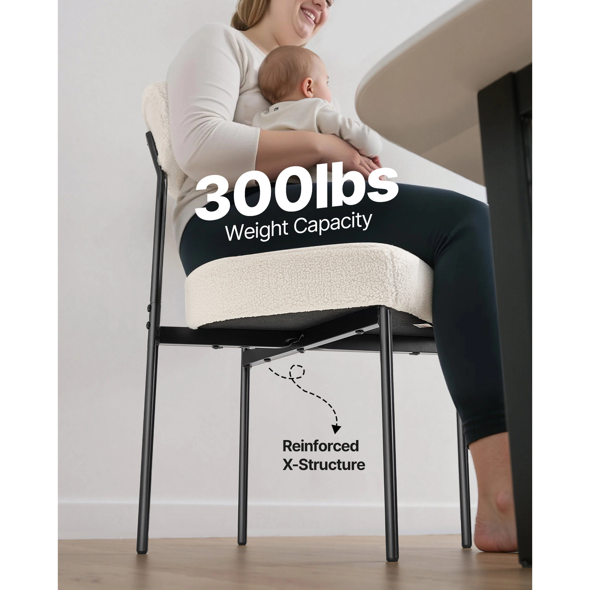 HONGGE White Boucle Dining Chairs Set of 4, Mid Century Upholstered Kitchen Chairs with Curved Backrest