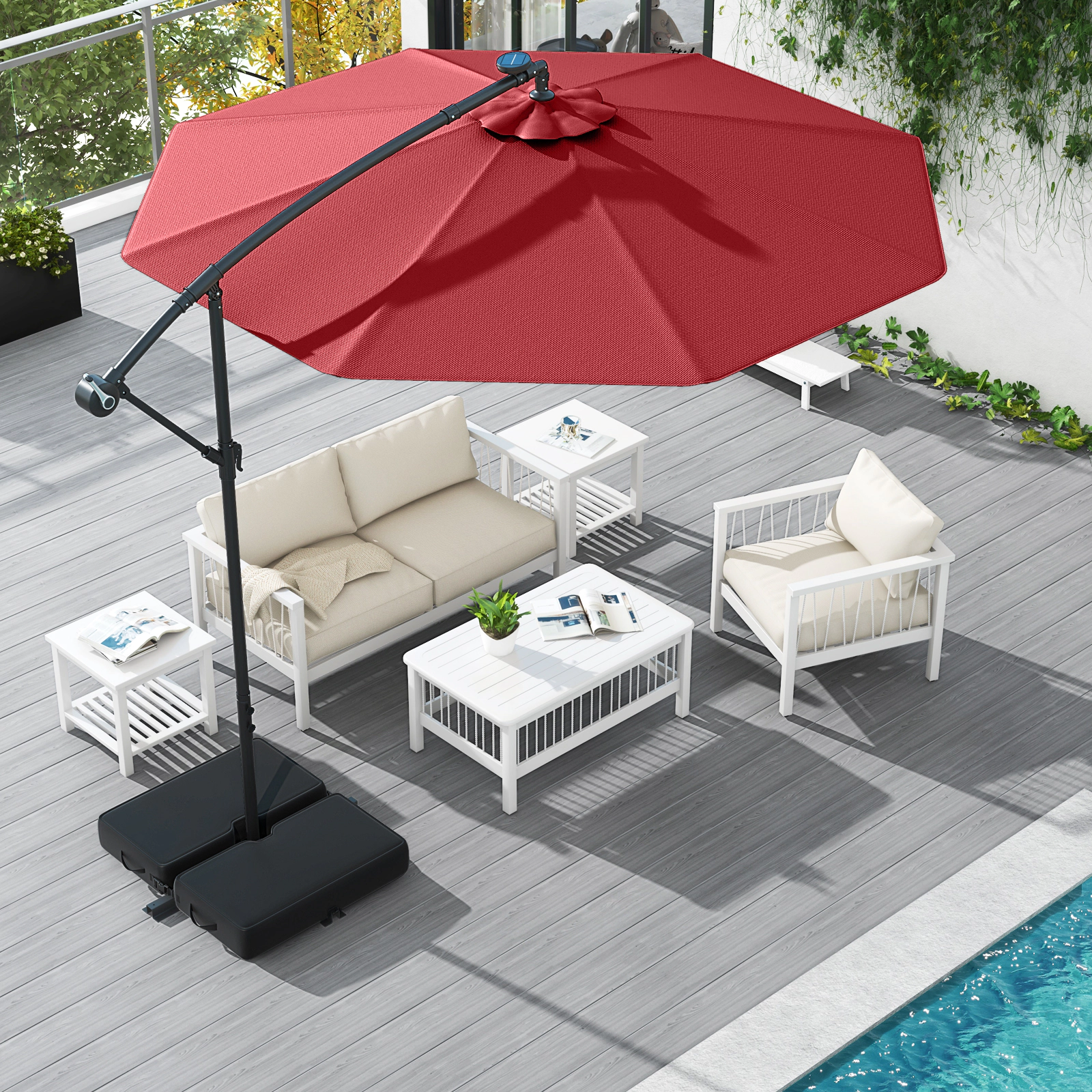 SUGIFT 10-ft Offset Cantilever Patio Umbrella with 40 Solar Powered Lights and Sand Bag Red