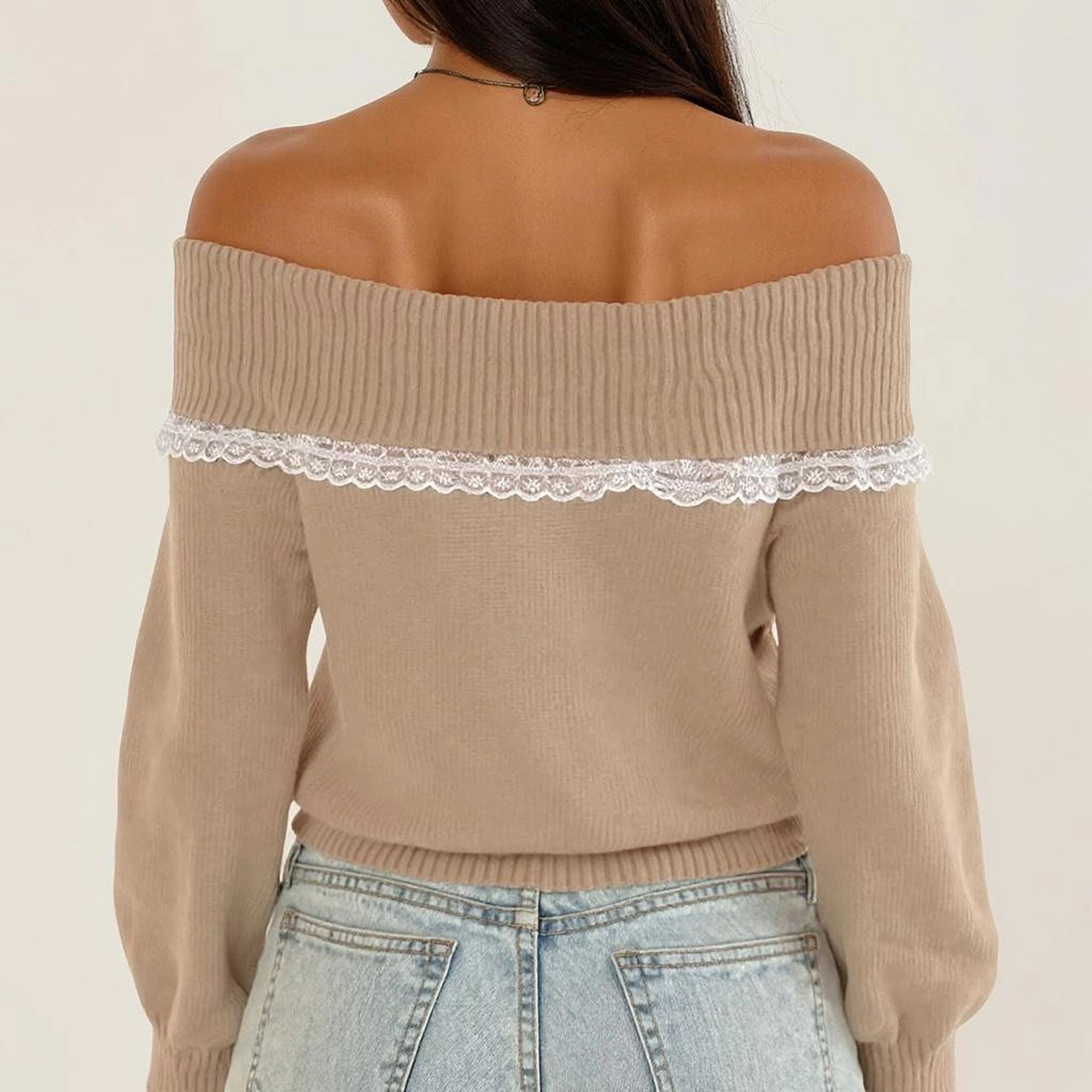 Anna-Kaci Women's Off Shoulder Knit Top with Lace Trim and Long Sleeves