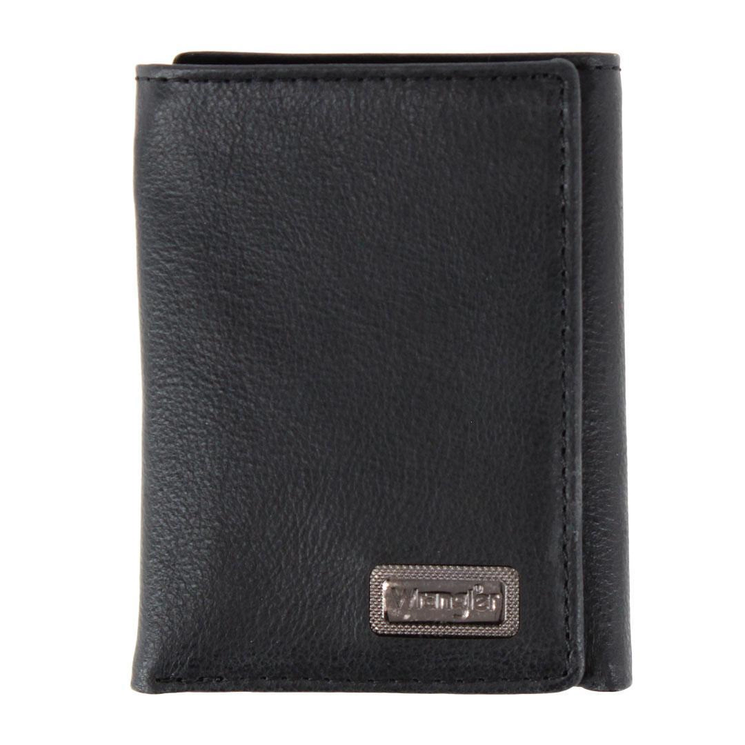 Wrangler Men's Pebble Grain Leather Trifold Wallet with Metal Logo