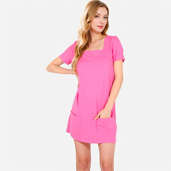 Anna-Kaci Women's Square Neck Short Sleeve Front Pockets Shirt Dress