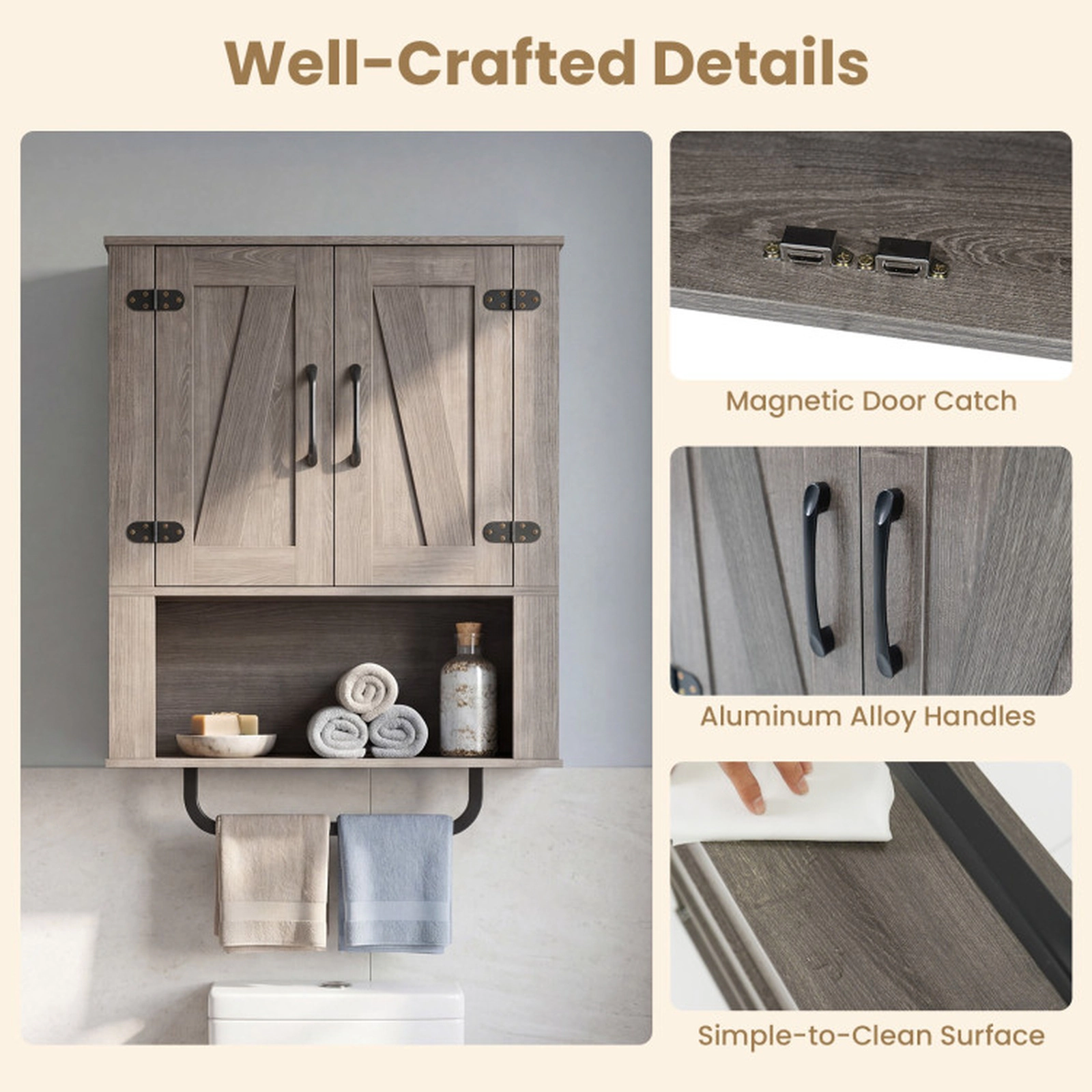 SUGIFT 2 Barn Doors Towel Bar 3-Tier Wall Mount Bathroom Storage Cabinet 24-in x 8-in x 33-in 11-lb per Shelf Gray