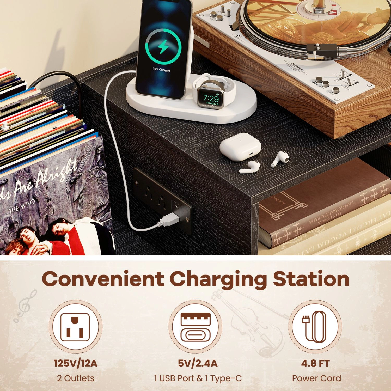 SlickBlue Record Player Stand with Vinyl Storage and Charging Station