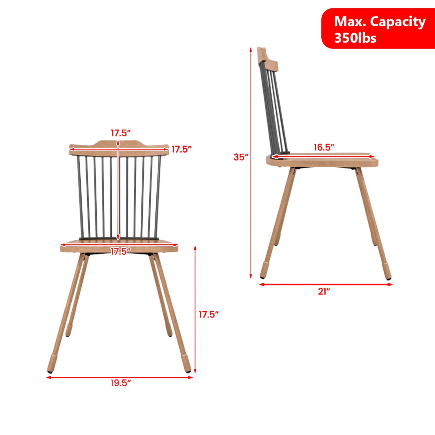 Hivvago Spindle Back Dining Chair with Ergonomic Seat Design - Set of 2