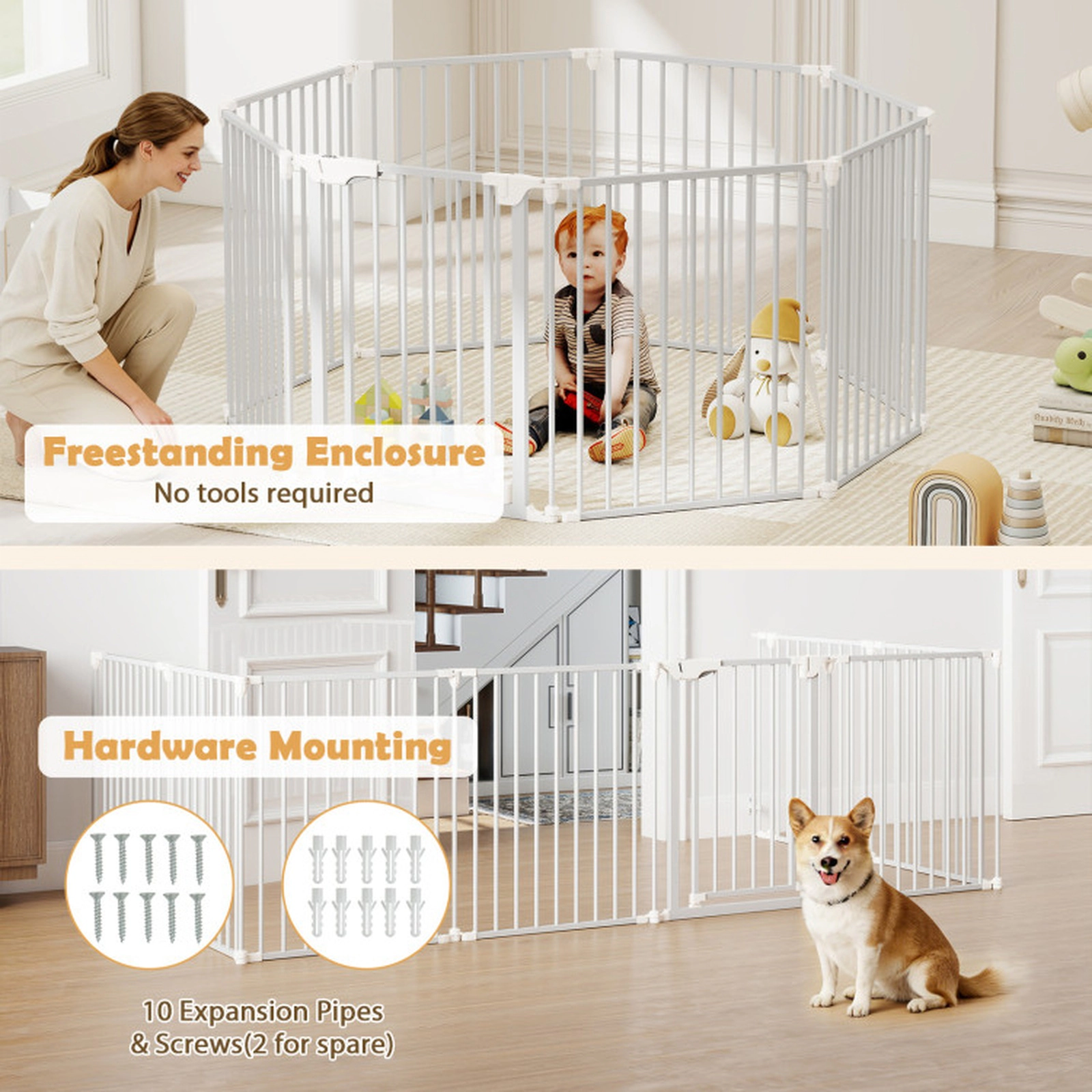 SUGIFT 8-Panel Extra Wide Adjustable Baby Gate and Pet Safety Fence 29.13-in Tall Ages 1-3 White/Black
