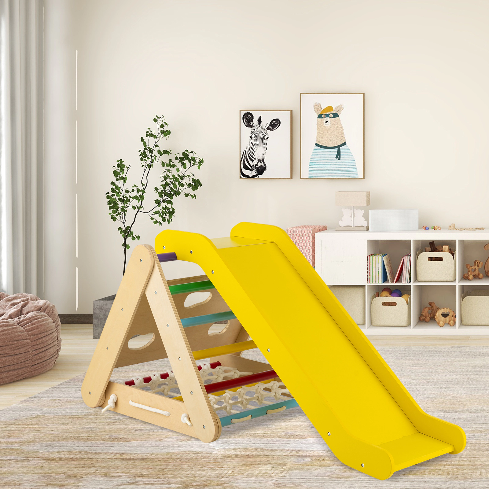 SUGIFT Sliding Board and Climbing Net 4-in-1 Wooden Kids Triangle Climber Toy