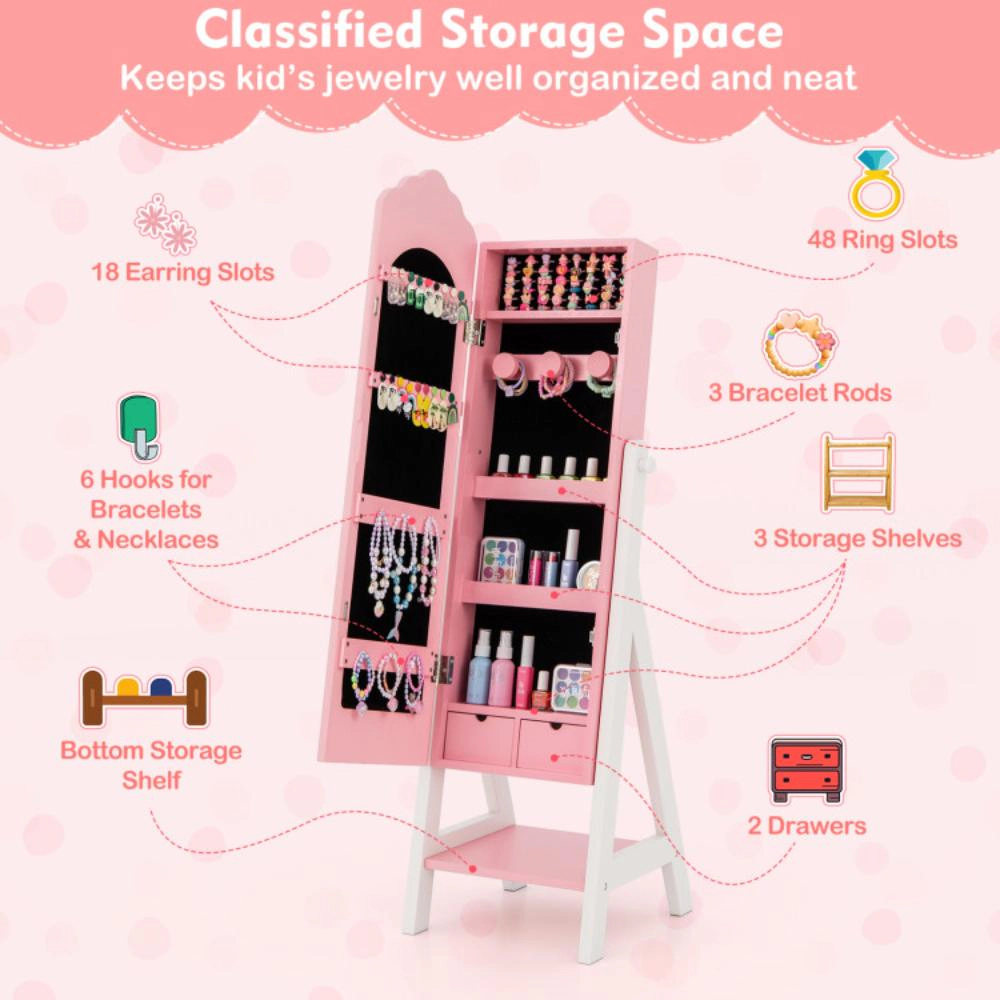 Hivvago Kids Jewelry Organizer With Full Length Mirror Drawers And Storage Shelves