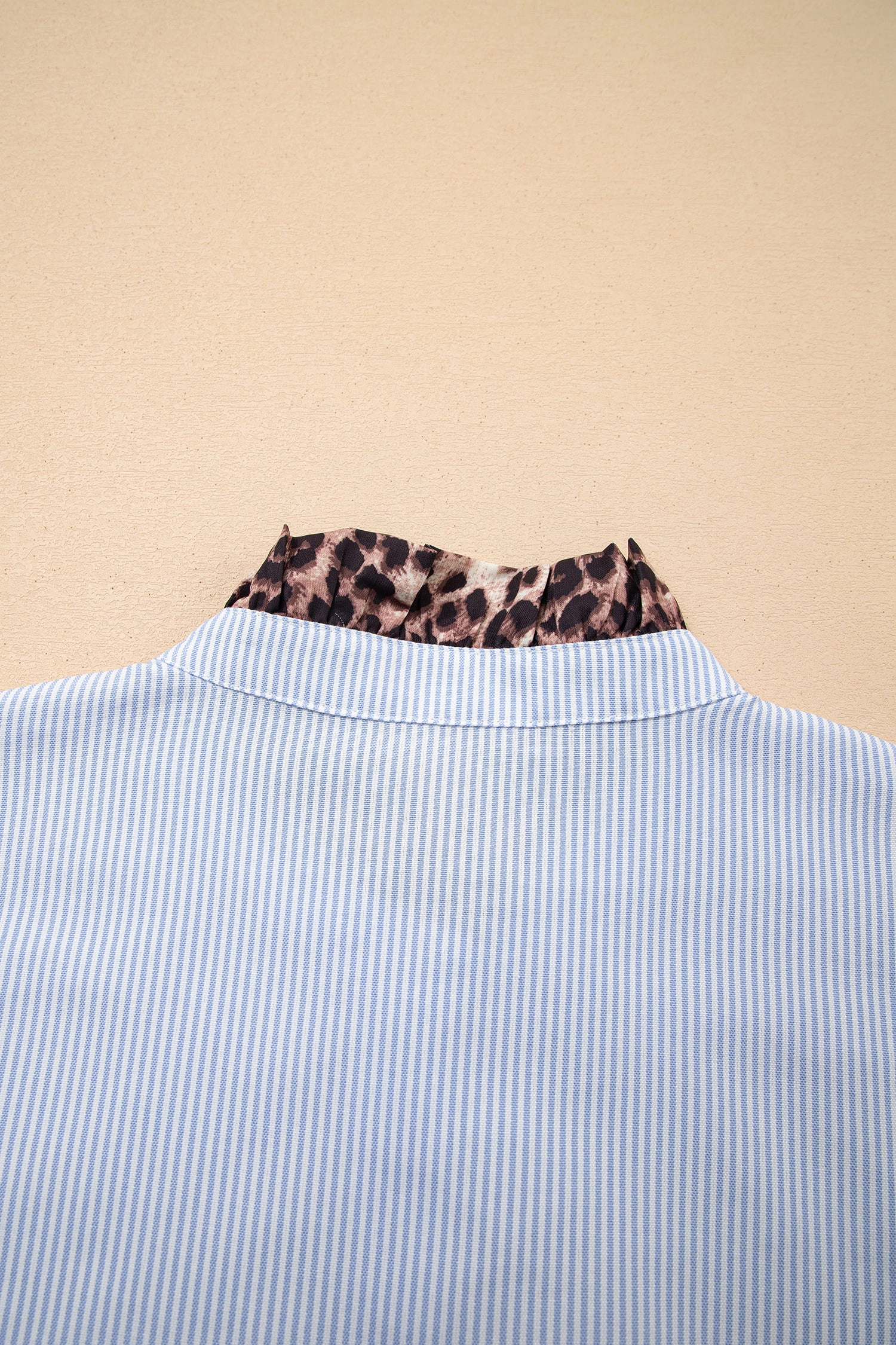 Threaded Pear Sky Blue Stripe Ruffled Leopard Patchwork Long Sleeve Button Down Loose Shirt