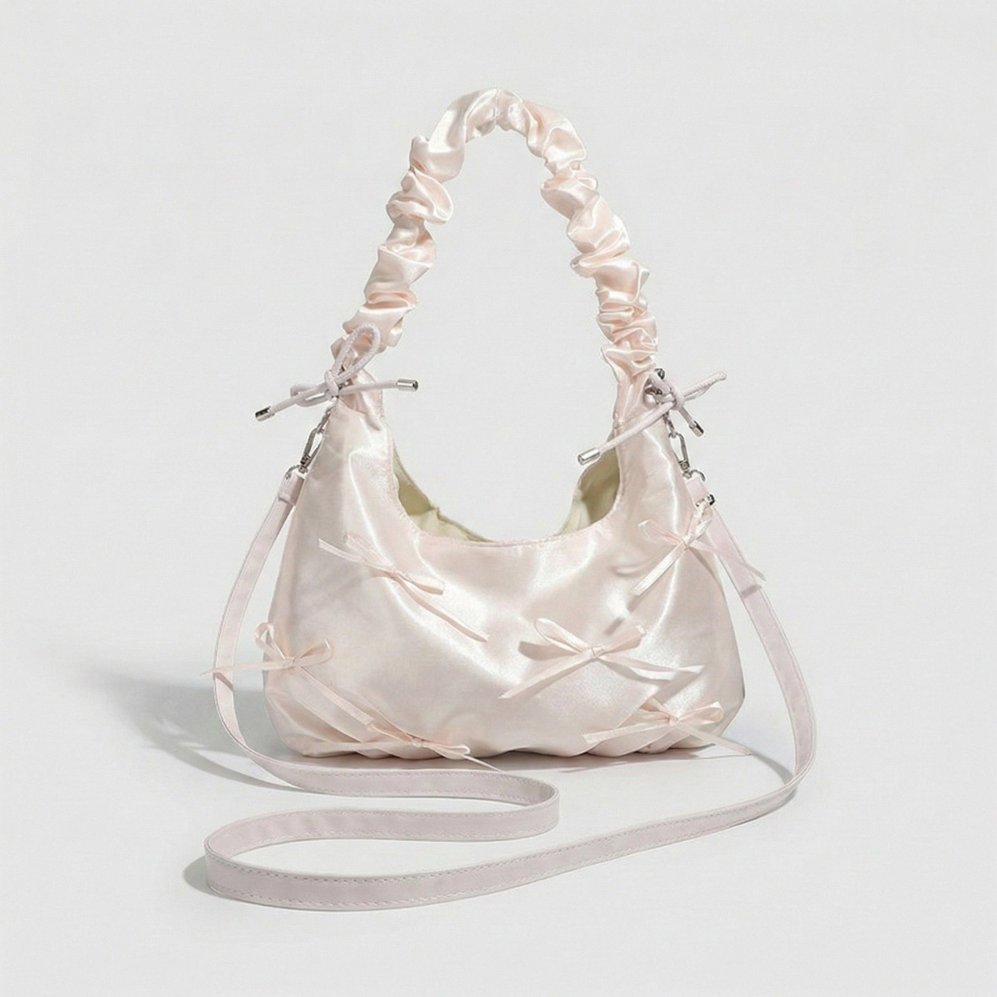 Alilang Women's Satin Shoulder Bag with Ruched Top Handle Adjustable Crossbody Strap and Soft Slouchy Silhouette