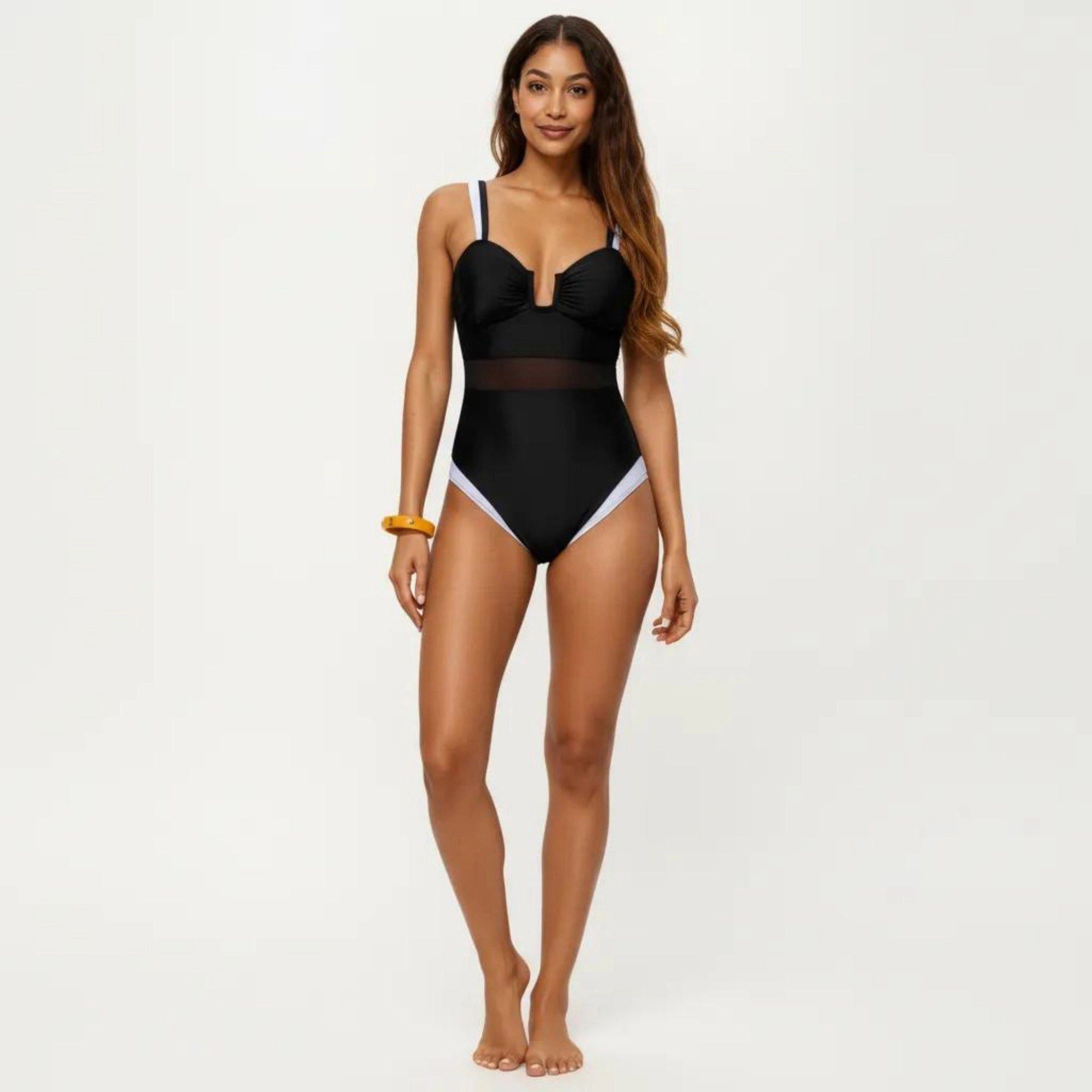 Anna-Kaci Women One Piece Swimsuit - U Neck, Sheer Waist Panel, Contrast Strap Detail