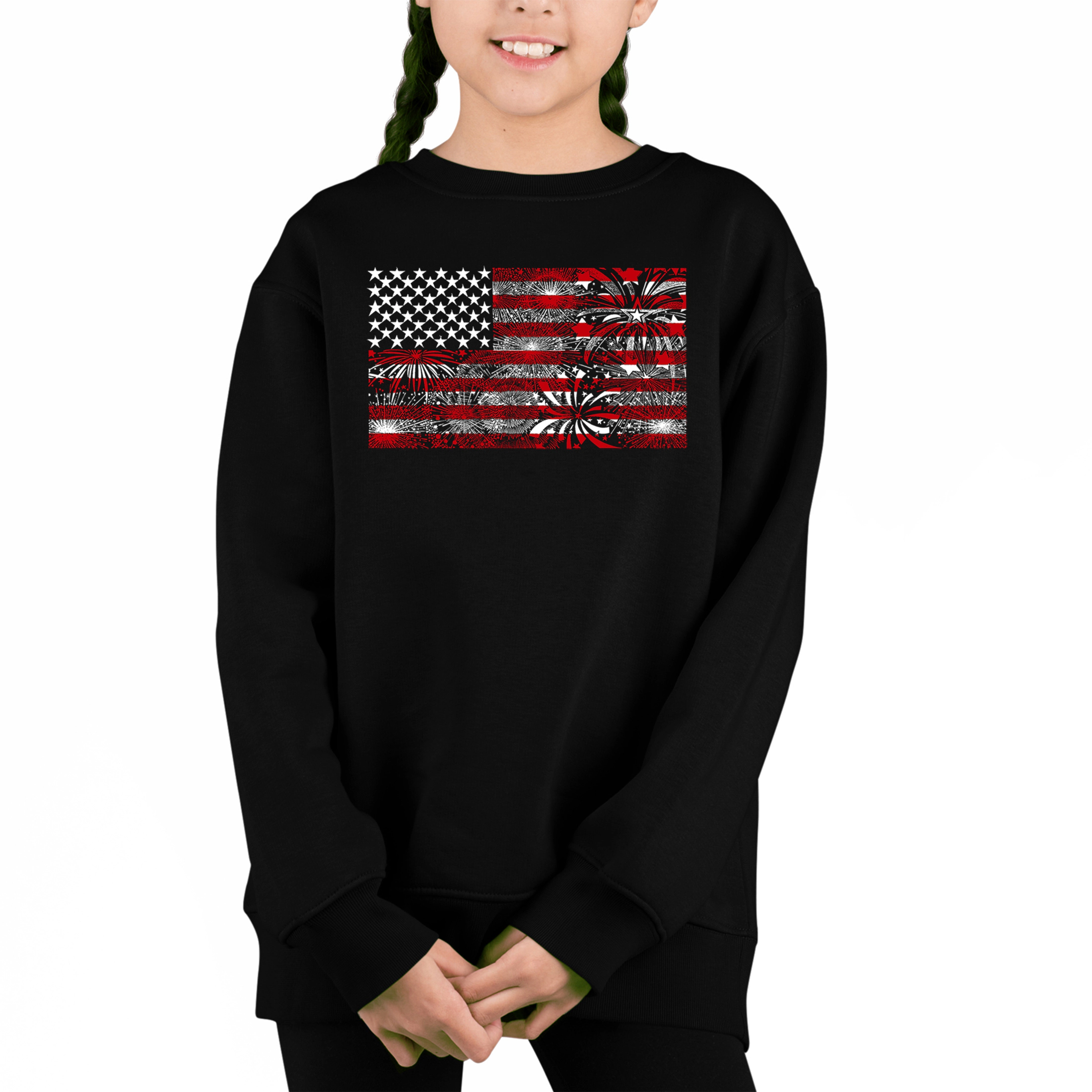 LA Pop Art Girl's Word Crewneck Sweatshirt - Fireworks American Flag