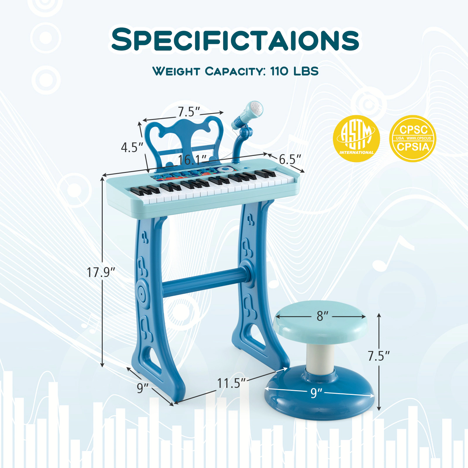 SUGIFT Blue 37-Key Kids Piano Keyboard with Microphone 22 Demo Songs Detachable Legs Music Stand and Stool