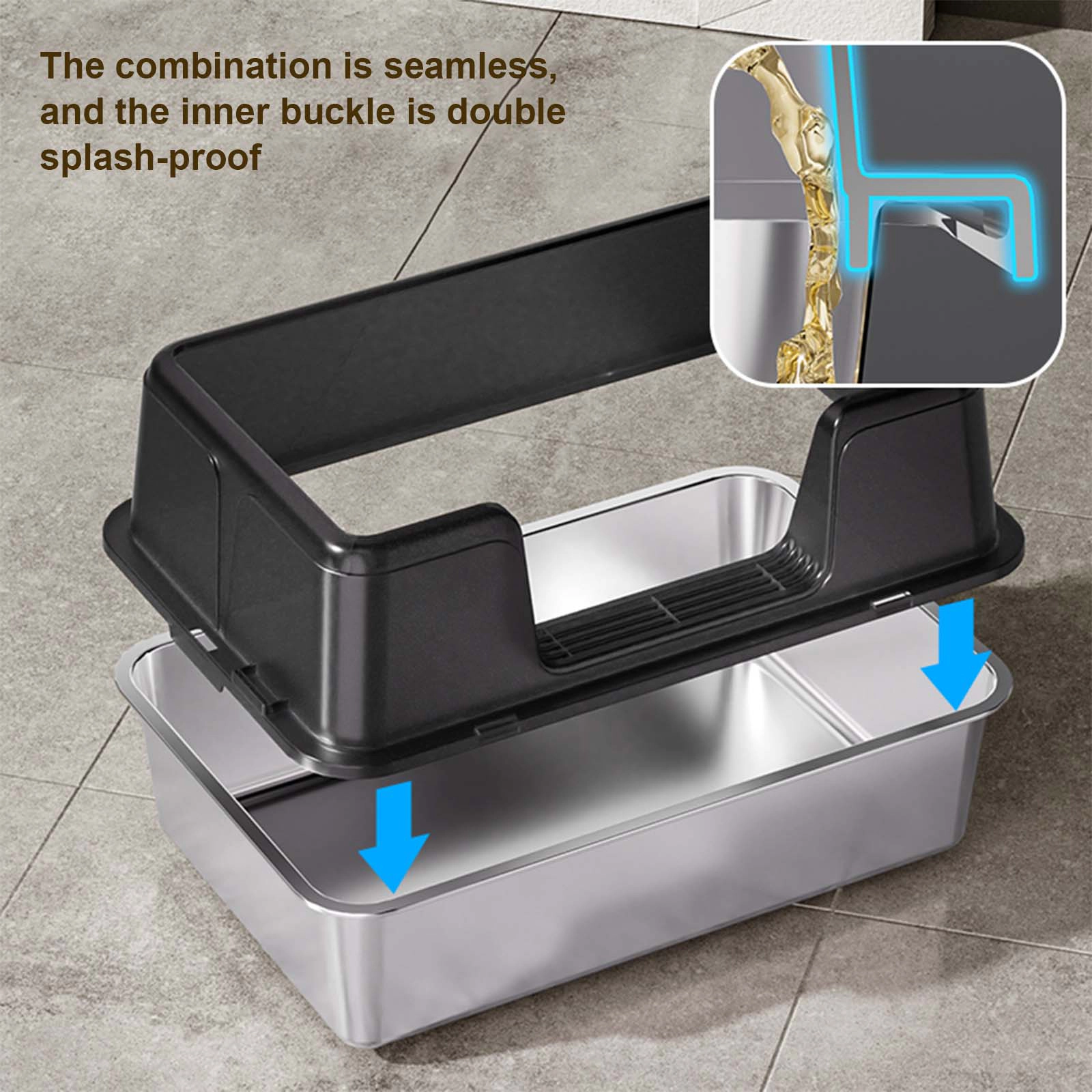 Extra-Large Open Stainless-Steel Cat Litter Box, High-Sided Anti-Splashing Litter Pan 60x40x36.5cm, Black