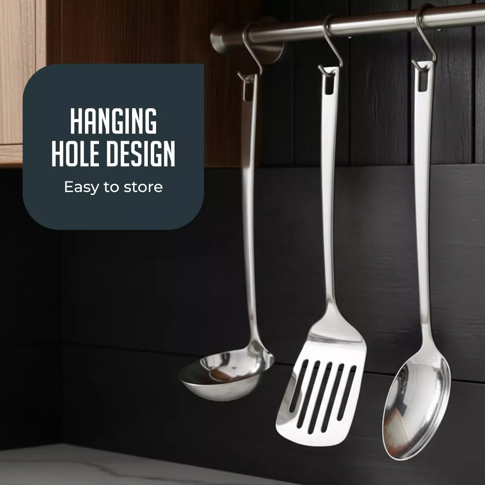 Luminuxe Stainless Steel Kitchen Utensil Set w/ Holder, 5pc Heat Resistant Kitchen Tools w Ladle Skimmer & Serving Spoon