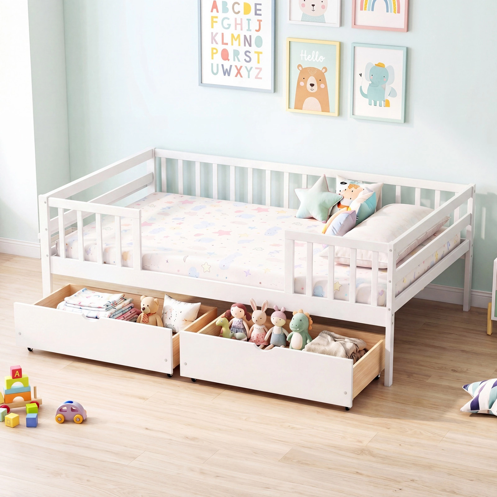SUGIFT Full-Size Kids Daybed with Guardrail, 2 Drawers and Side Shelf, White