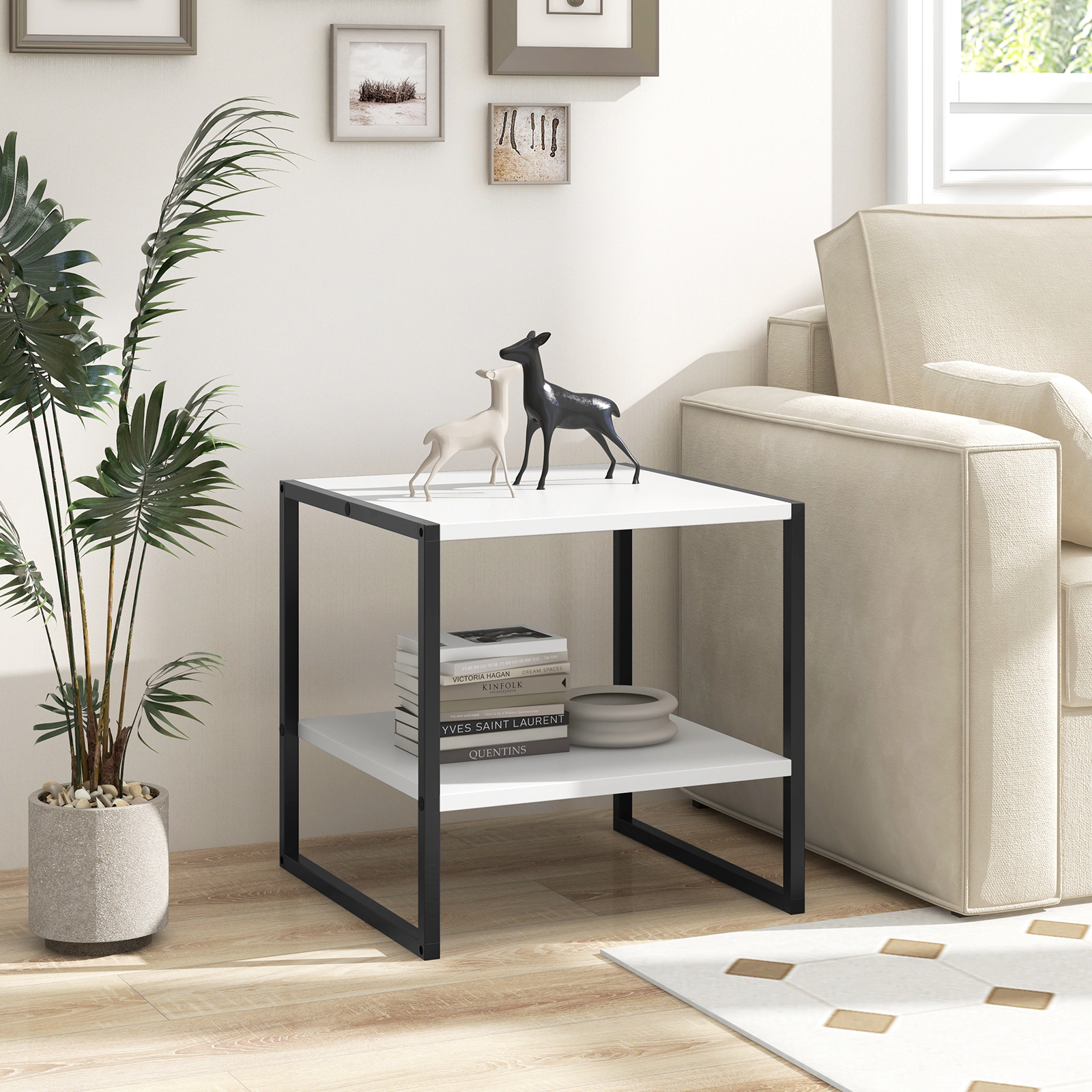 SUGIFT 2-Tier Square End Table Reversible Storage Shelf 55-lb Tabletop Capacity 16.5-lb Shelf Capacity White + Black