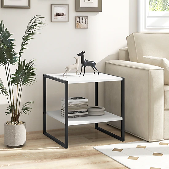 SUGIFT 2-Tier Square End Table Reversible Storage Shelf 55-lb Tabletop Capacity 16.5-lb Shelf Capacity White + Black