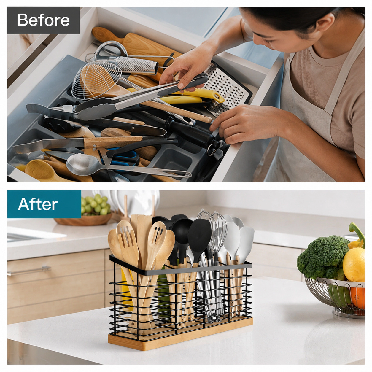 WZK Extra Large 4 Compartment Metal Wooden Base Kitchen Utensil Holder