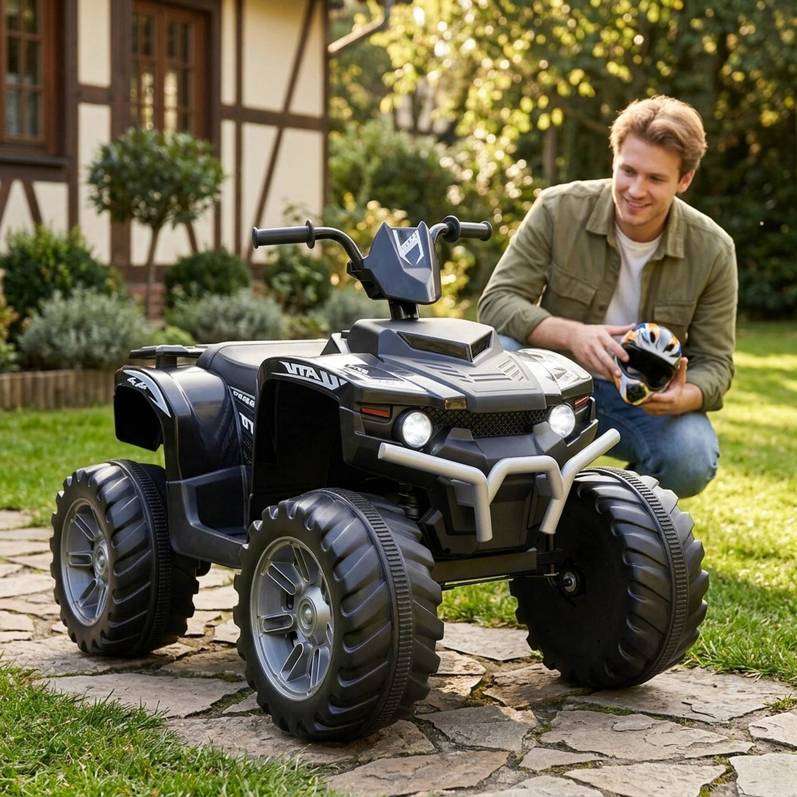 12V Kids ATV 4-Wheeler Ride On with LED Headlights and High Low Speeds 42-in Quad Toy Ages 3-7 77-lb Capacity Black