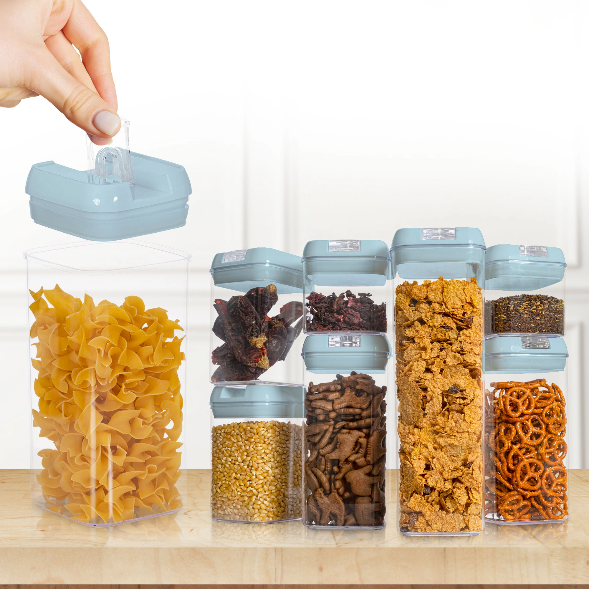 Cheer Collection 7-Piece Blue Airtight Pantry Food Storage Container Set with Labels