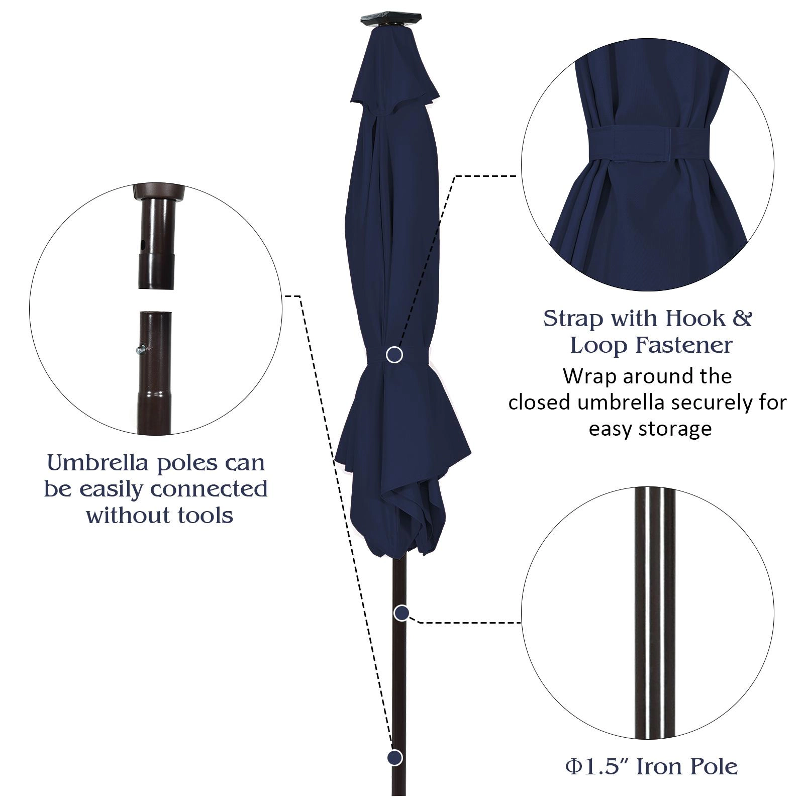 SUGIFT 10-ft Solar LED Lighted Outdoor Patio Umbrella with Crank Lift, Push-Button Tilt and Vented Canopy Dark Blue