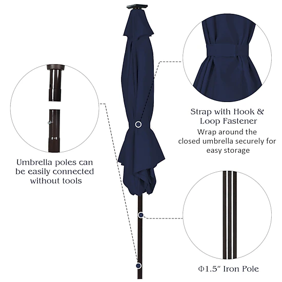 SUGIFT 10-ft Solar LED Lighted Outdoor Patio Umbrella with Crank Lift, Push-Button Tilt and Vented Canopy Dark Blue