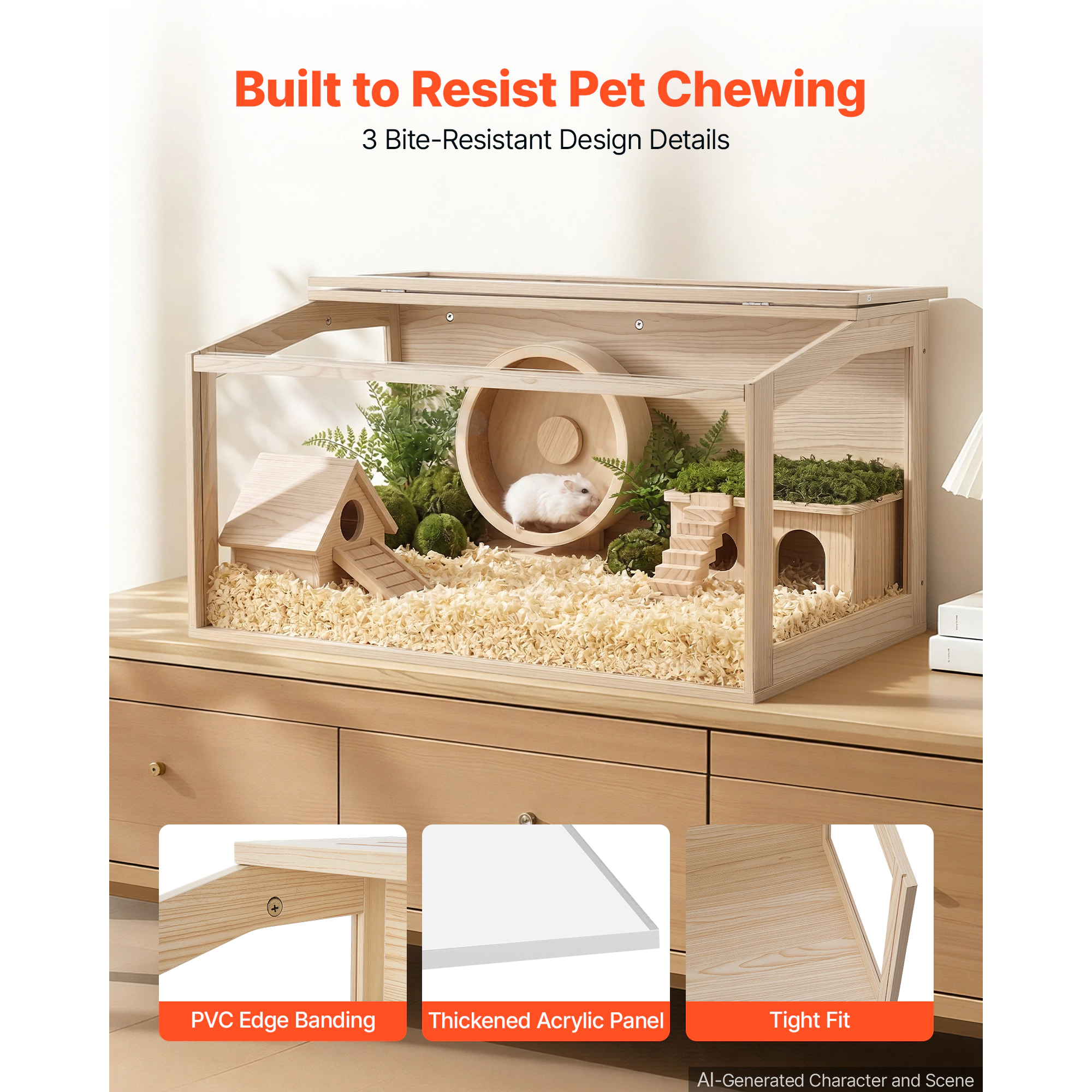 HONGGE Wooden Hamster Cage 270° Viewing Hamster Habitat Chewproof Acrylic Small Animal Cage with Openable Top Large Pet