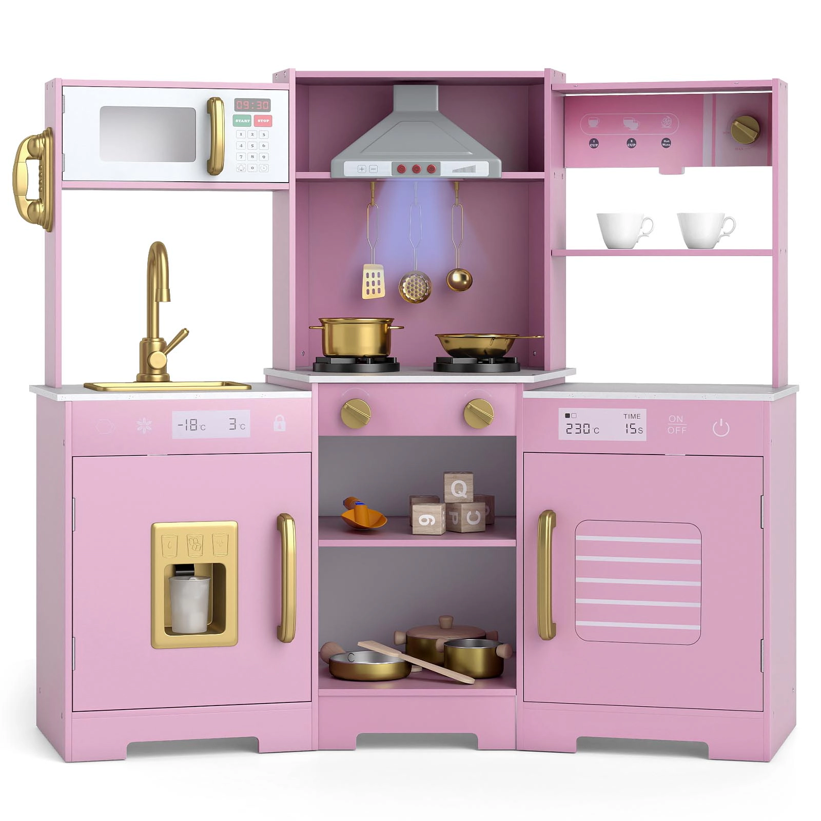 SUGIFT Pretend Play Kitchen Wooden Toy Set with Range Hood Real Sounds and Lights Pretend Kitchen Ages 3+ Brown/White