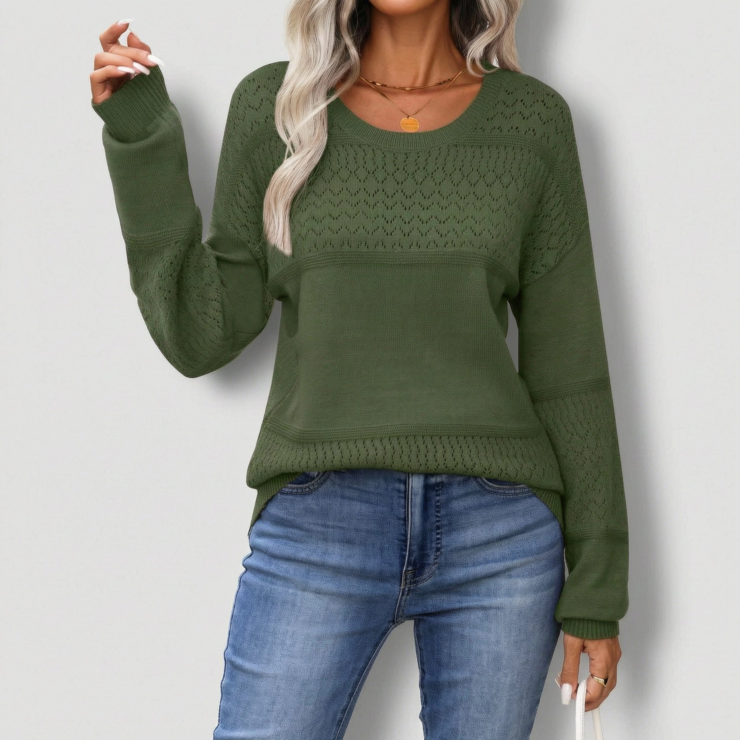 Zeagoo Women's Long Sleeve Crew Neck Crochet Pullover