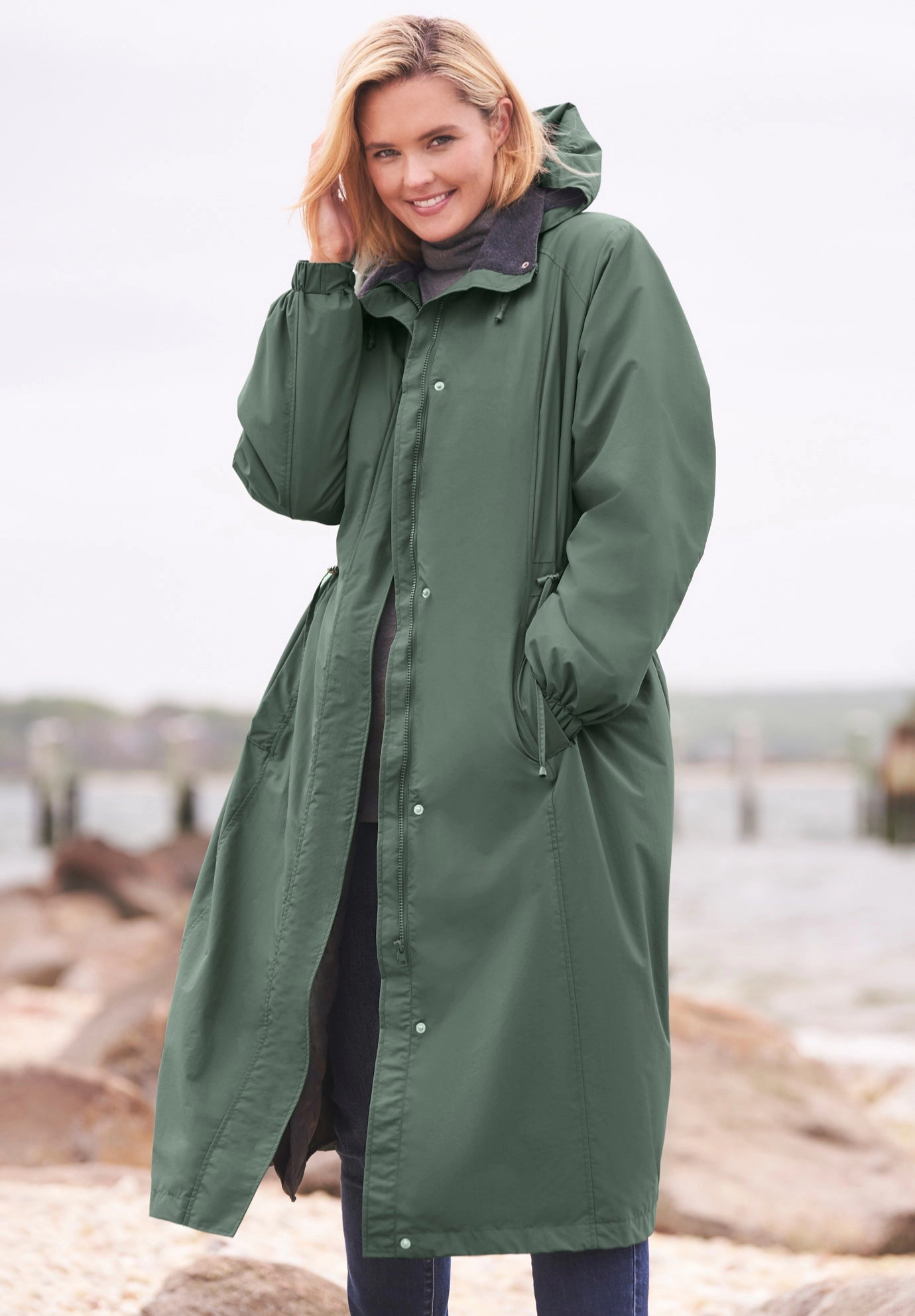 Woman Within Plus Long Hooded Taslon Jacket