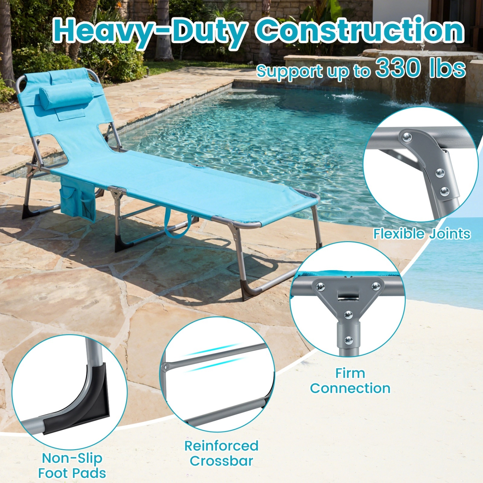 SUGIFT Face-Down Tanning Chair, Folding Reclining Lounge Chair with Face and Arm Slots, Pillow, Pockets, Turquoise