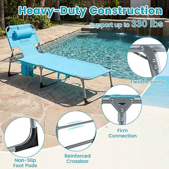 SUGIFT Face-Down Tanning Chair, Folding Reclining Lounge Chair with Face and Arm Slots, Pillow, Pockets, Turquoise