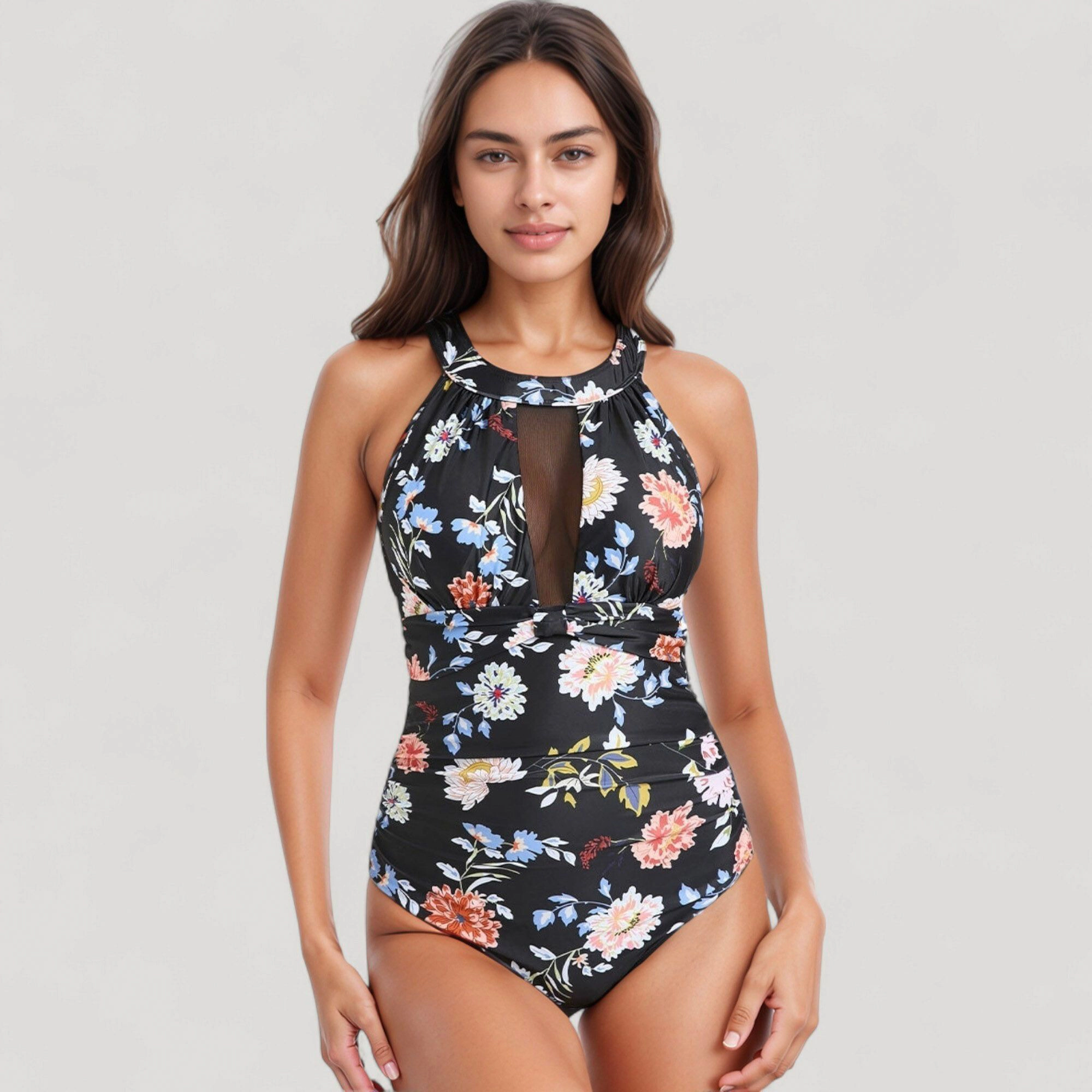 Anna-Kaci Women’s Halter Neck One-Piece Swimsuit - Keyhole Front, Floral Bodice