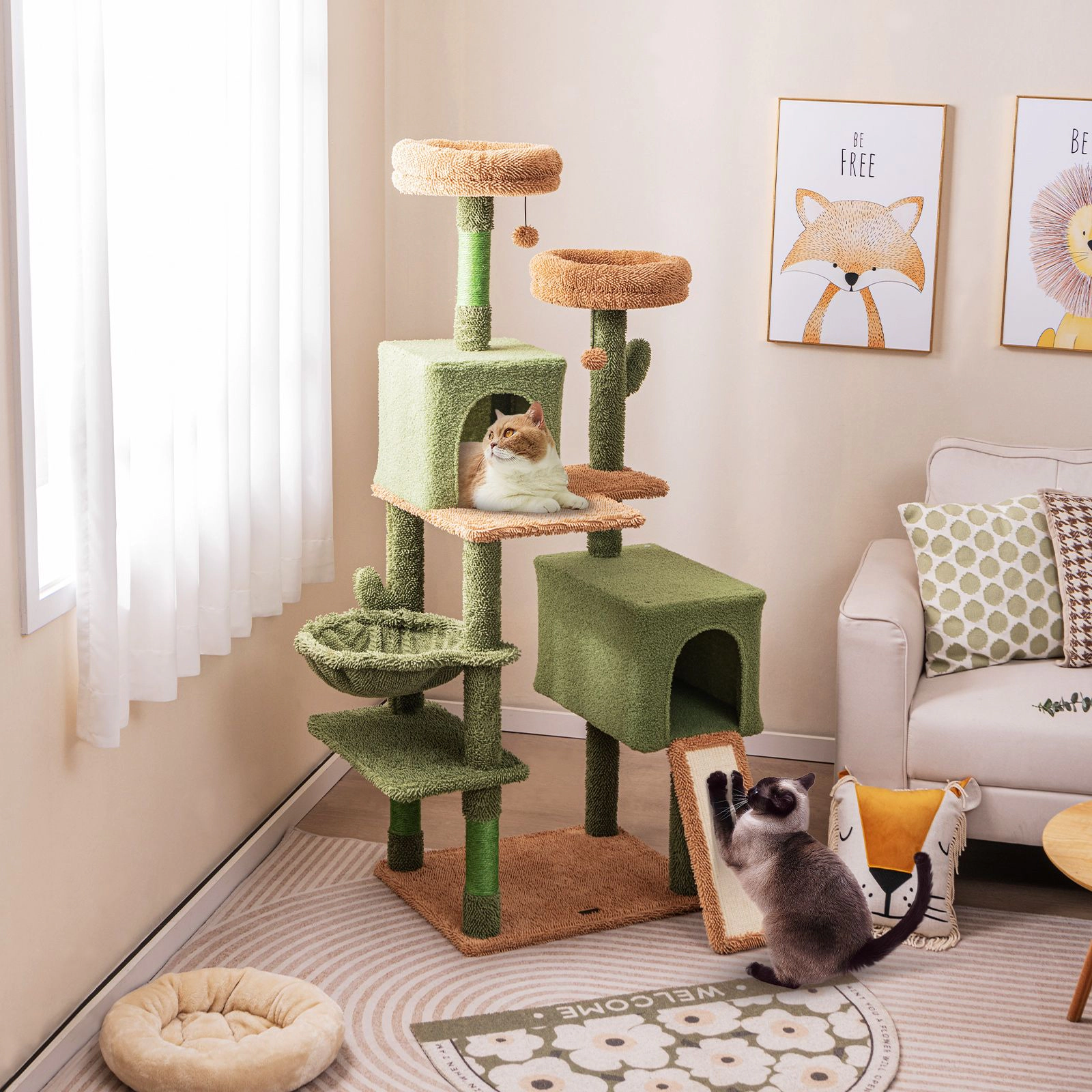 SlickBlue Cactus Cat Tree with 2 Condos, Basket & Scratching Posts