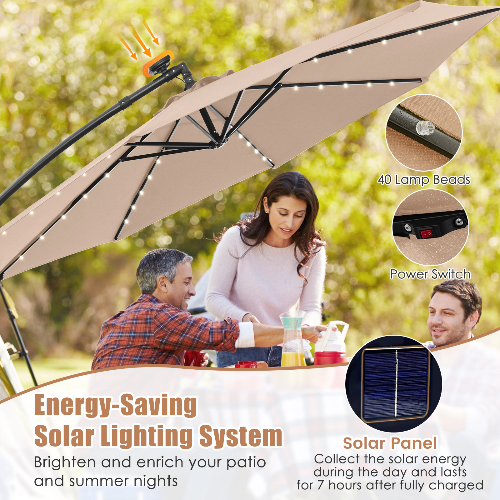 SUGIFT 10-ft Tan Solar LED Offset Patio Umbrella, 40 Lights, Crank Lift, Cross Base