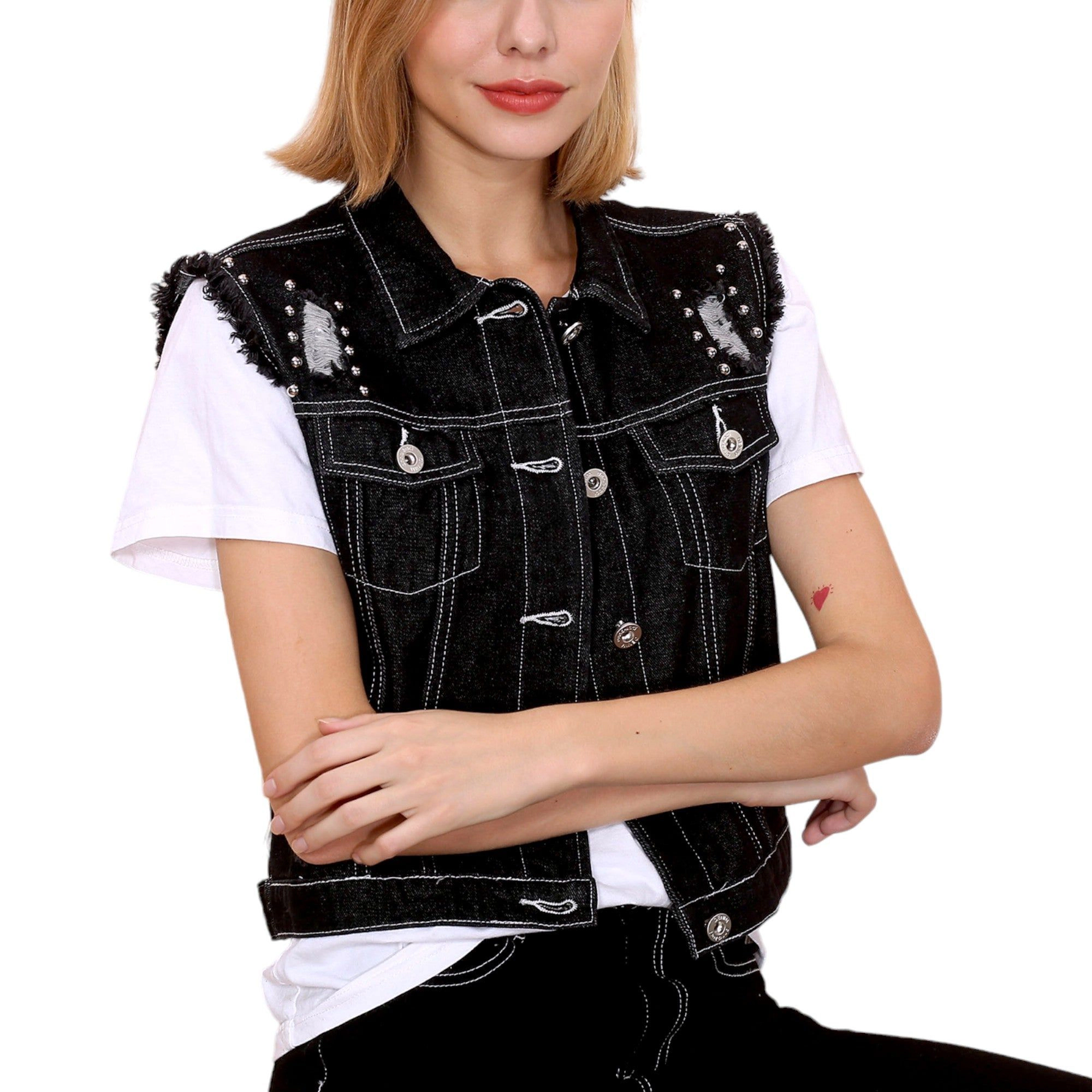 Anna-Kaci Women's Distressed Sleeveless Denim Vest