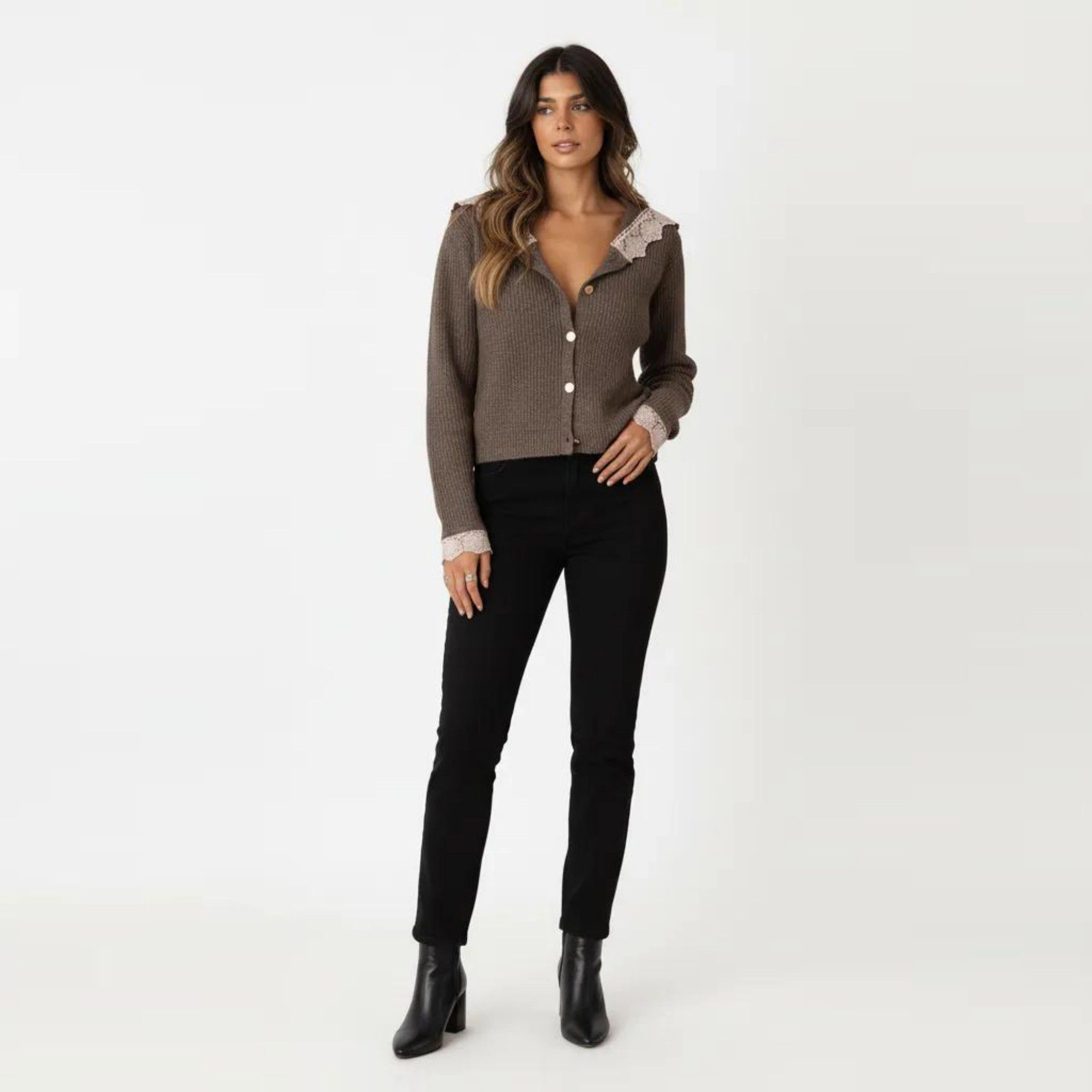 Anna-Kaci Women's Long Sleeve Ribbed Knit Top with Lace Trim Collar and Button Front Detail