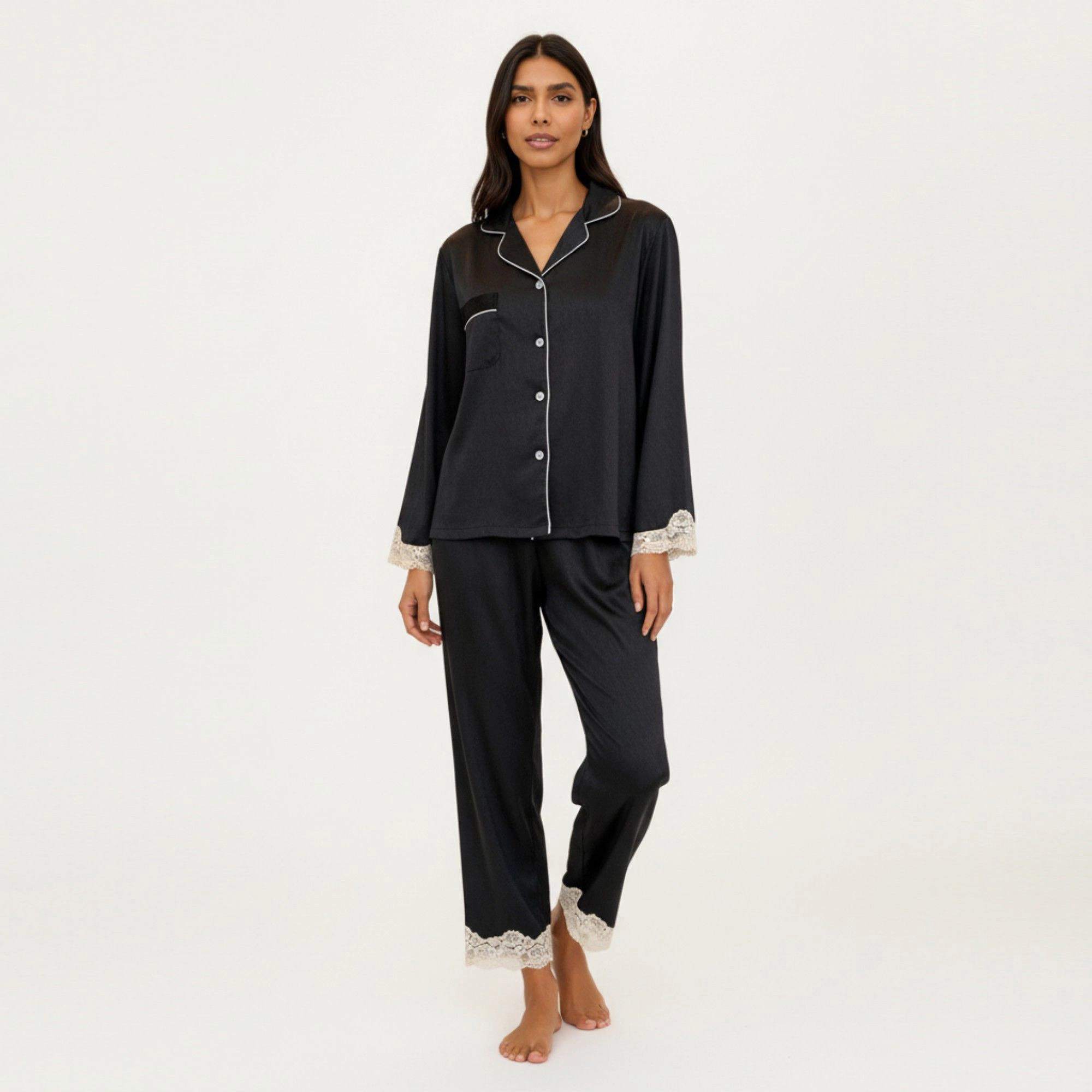 Anna-Kaci Women's 2-Piece Satin Button Front Pajama Top with Lace Trim Sleeves and Matching Elastic Waist Pants