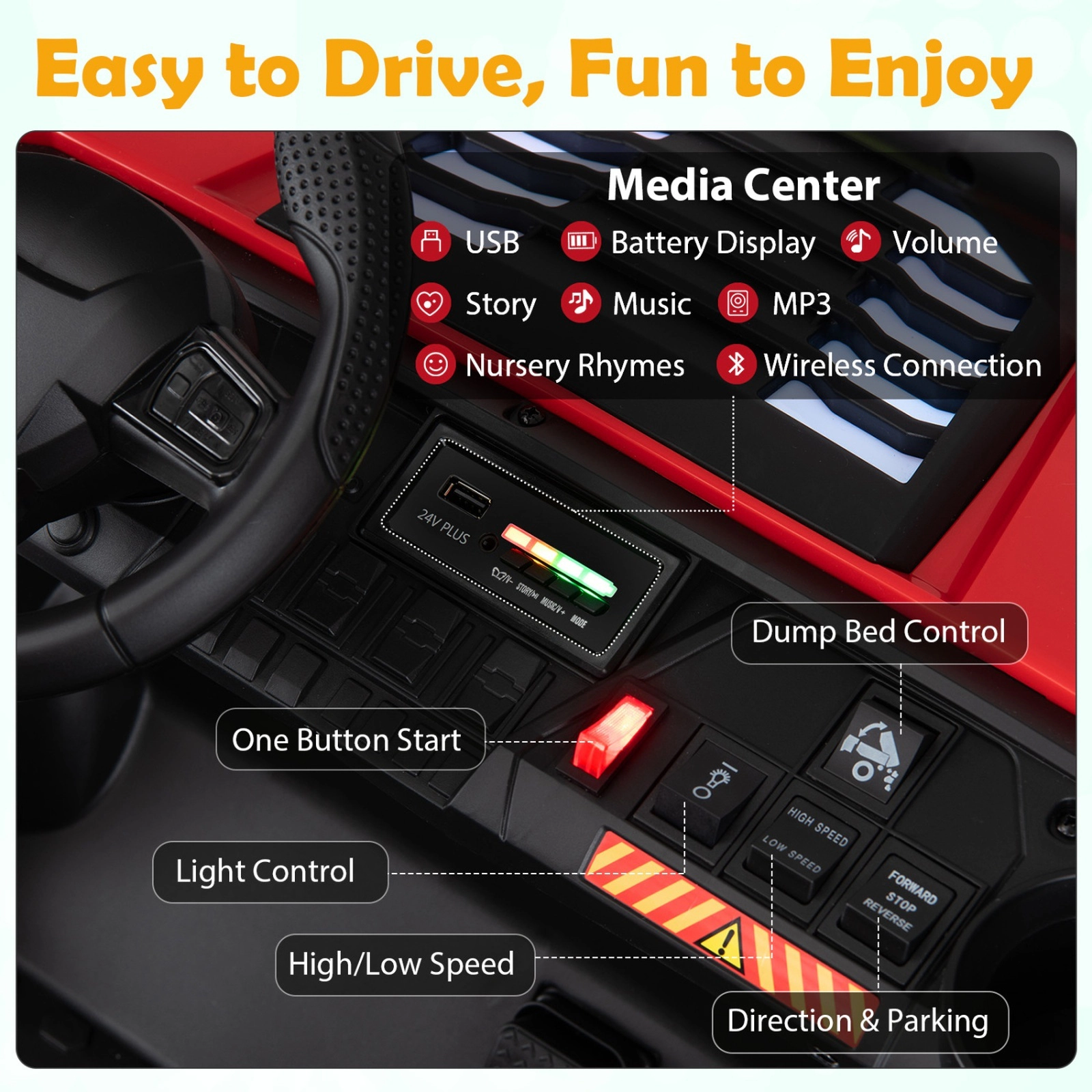 24V 2-Seater Kids Ride On Dump Truck 4WD with Electric Dump Bed Shovel and Parent Remote LED Lights Ages 3-8 Red Toy