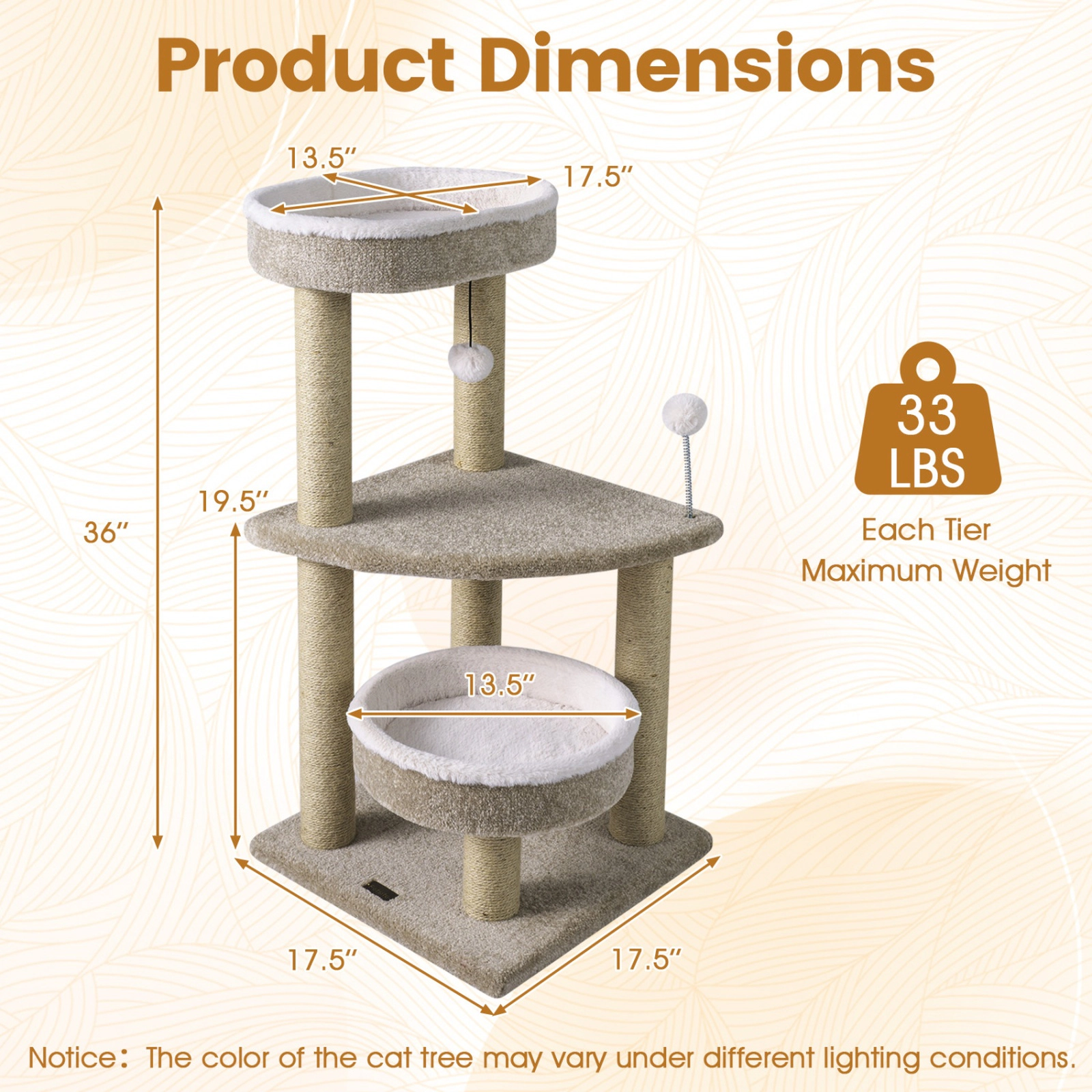 SUGIFT White Plush Perches and Jute Rope Posts 36 in Carpeted Cat Tree