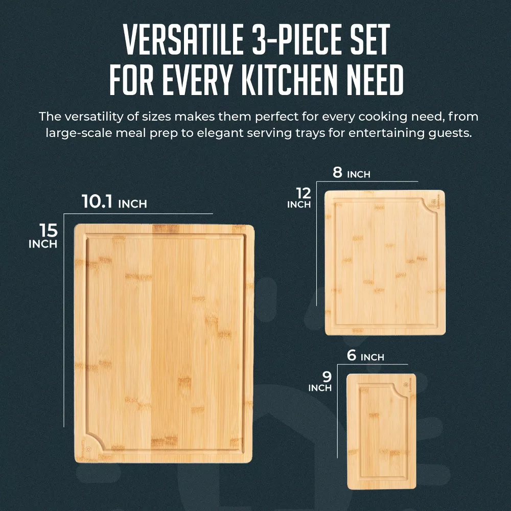 Luminuxe Bamboo Cutting Board Set of 3, Heavy‑Duty Nonslip Wood Boards with Juice Groove for Kitchen Prep