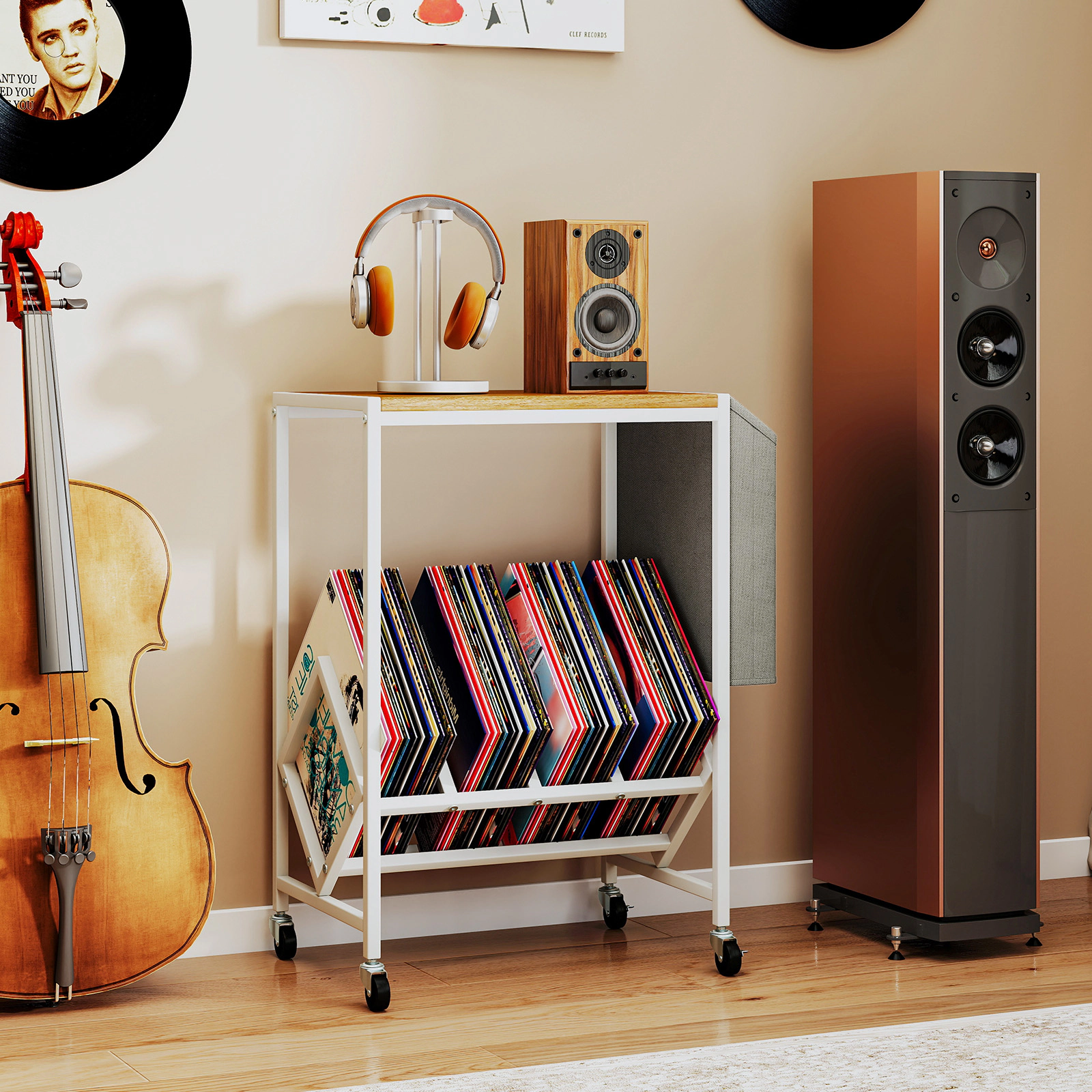 SUGIFT Rolling 2-Tier Record Player Stand with Vinyl Storage and Magazine Holder 55-lb Tabletop Capacity Natural & White