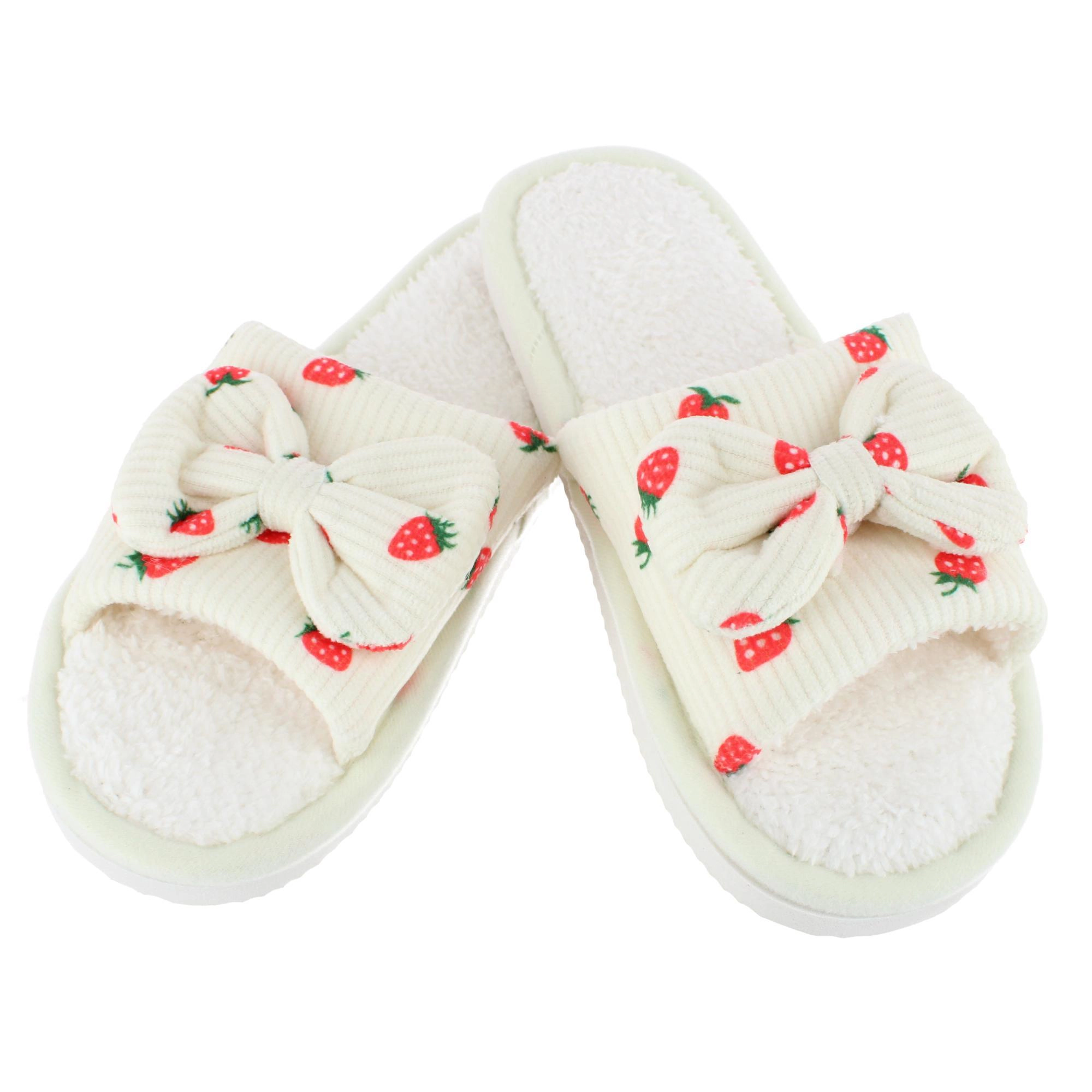 CTM Women's Cozy Strawberry Bow Open Toe House Slipper Slides