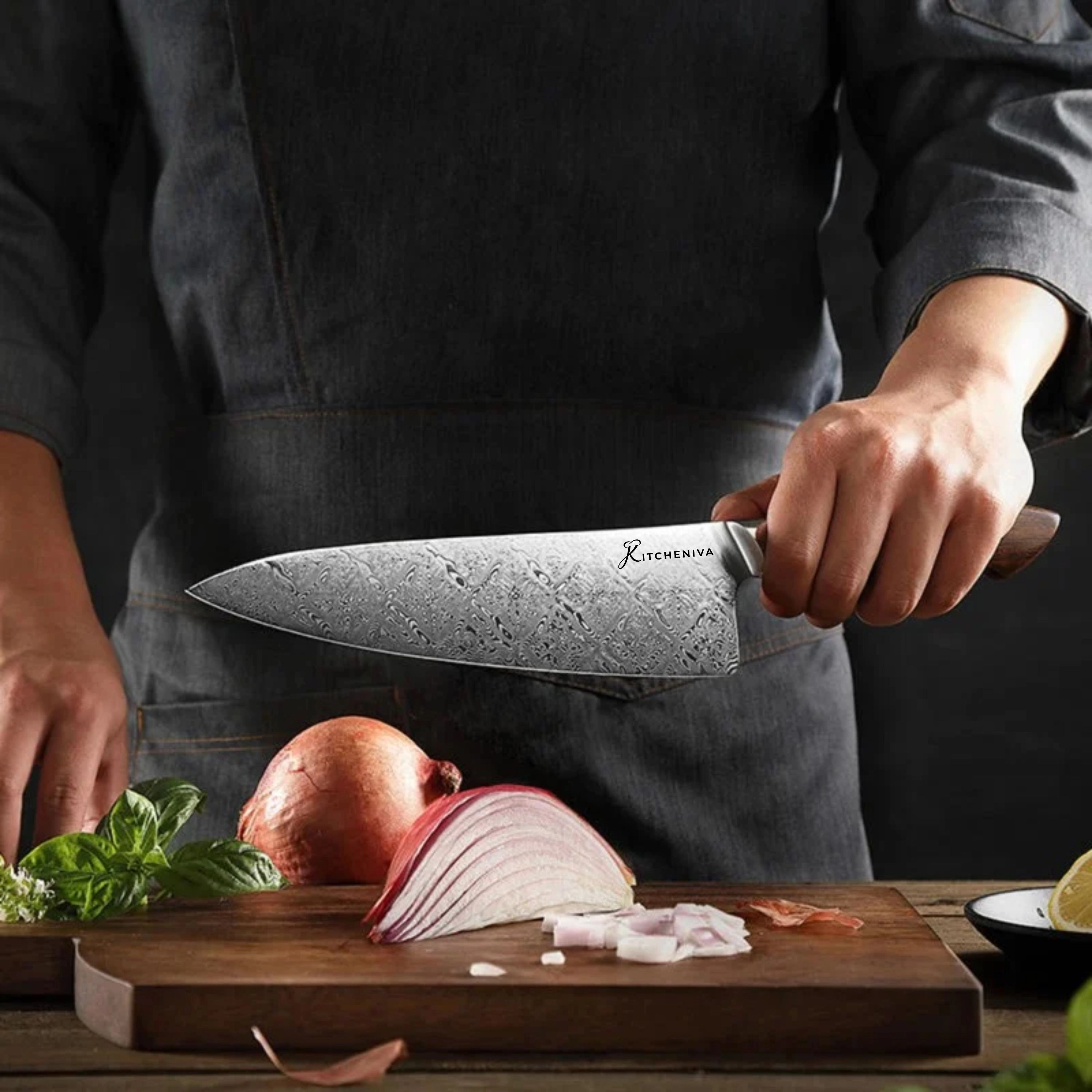 Kitcheniva 8-Inch Dual Core Damascus Steel Chefs Knife With Iron Wood Handle