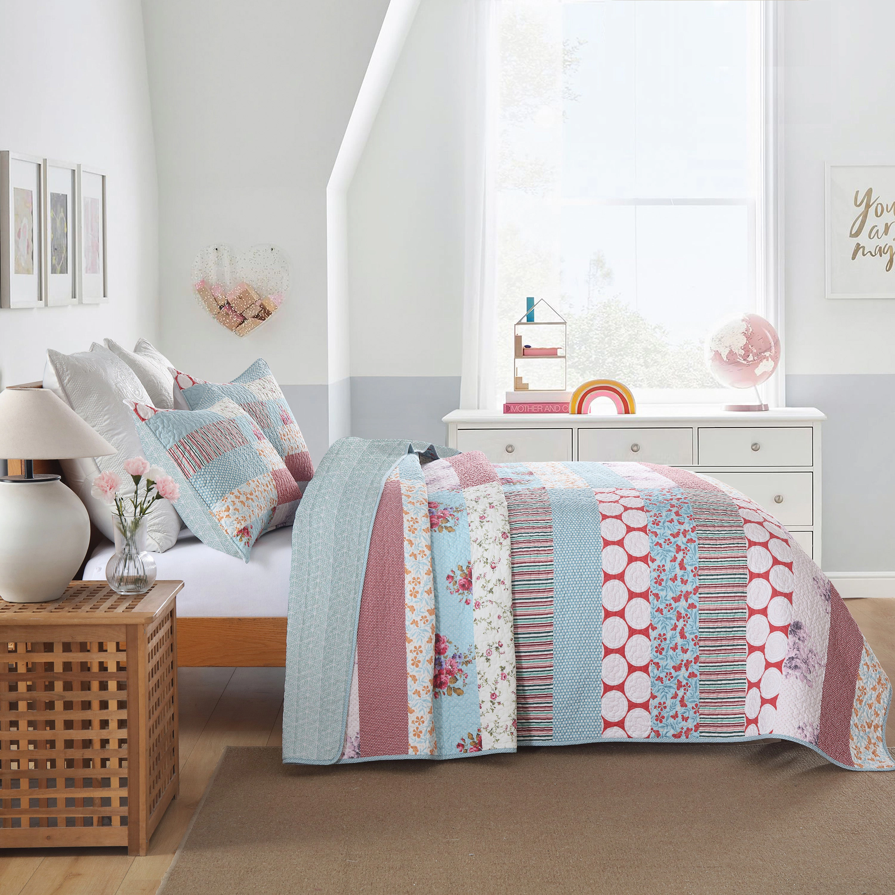 MarCielo 3 Pieces Floral Printed Quilt Bedspread Set-Soft Reversible Coverlet