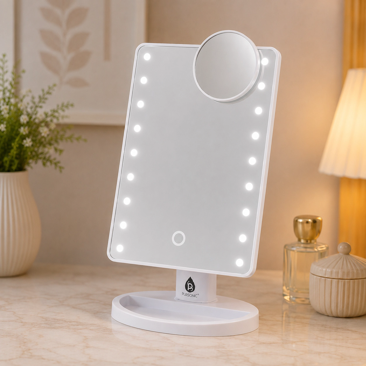 Pursonic Unisex LED Vanity Makeup Mirror Bundle: 16 LED Lights, Touch Dimming & 5X Magnification