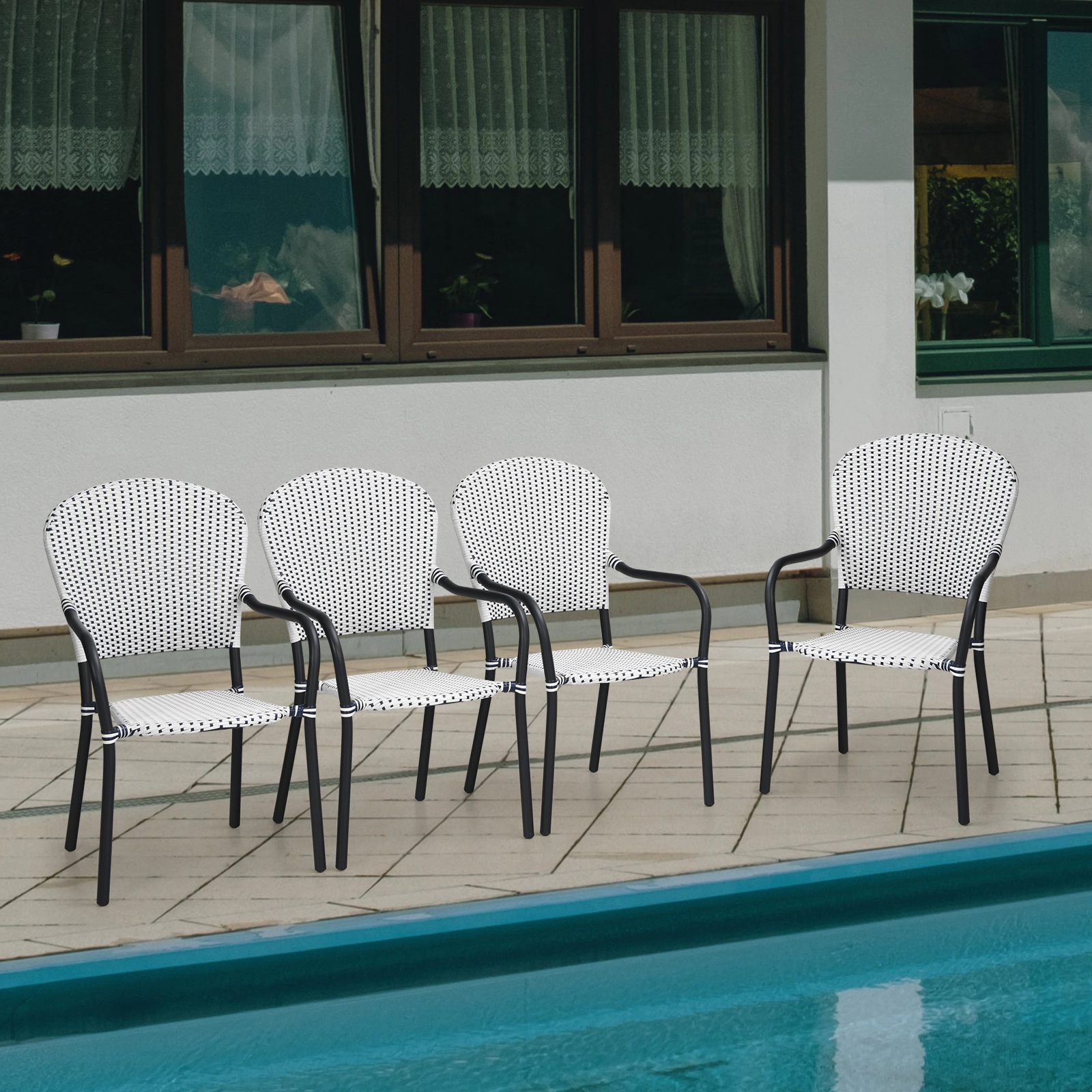 LJG Set of 4 Patio Rattan Stackable Dining Chair with