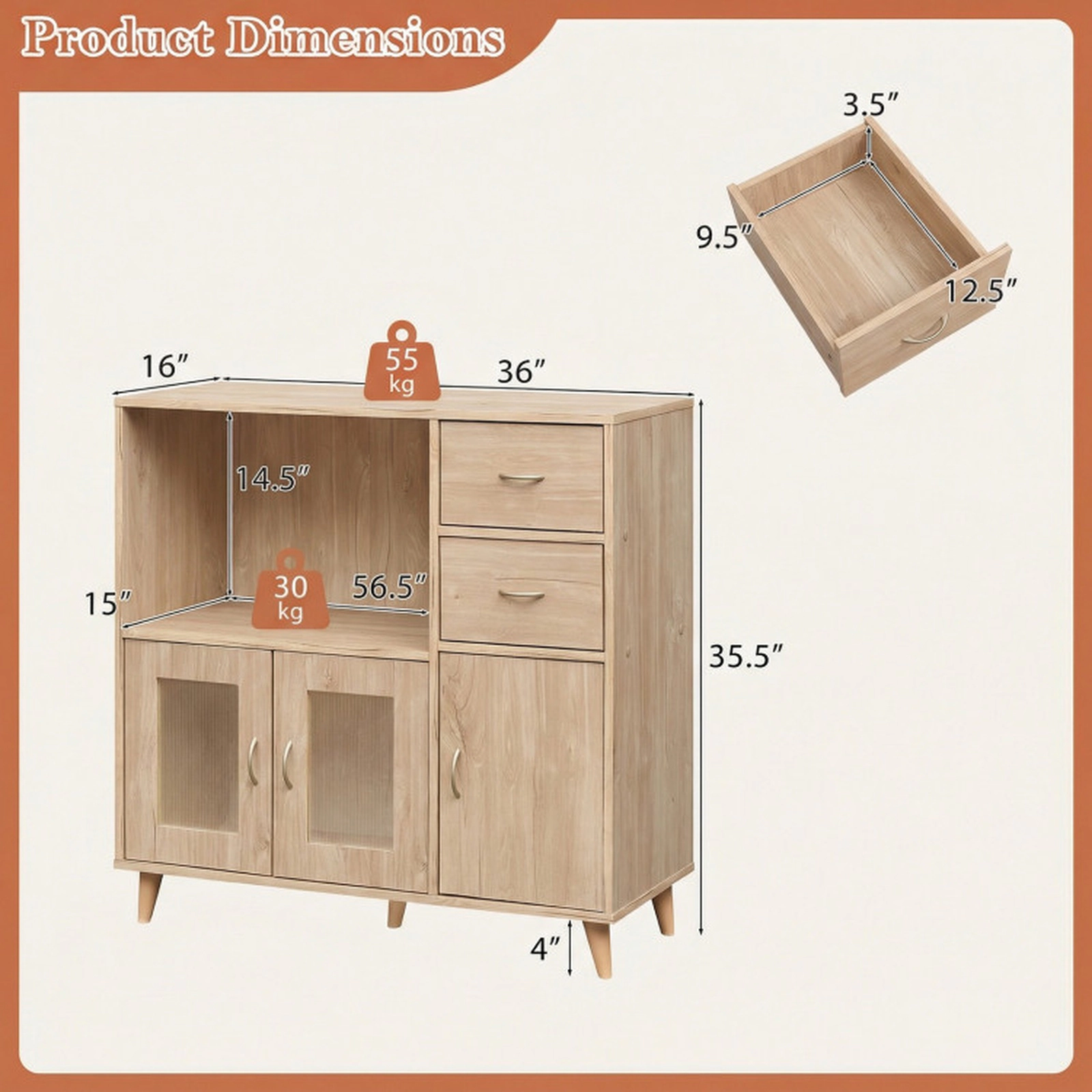 SUGIFT 2-Drawer Open Shelf Clear Doors Farmhouse Buffet Sideboard 36-in x 16-in x 35.5-in 330-lb Capacity Natural