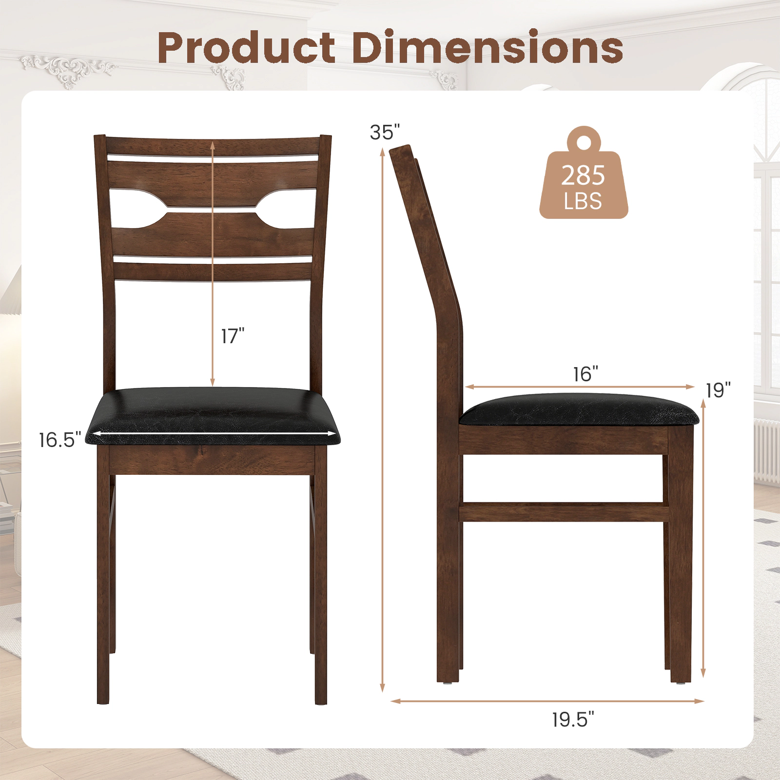 SUGIFT Walnut Wooden PU Leather Padded Seat Rubber Wood Frame Set of 2 Dining Chairs